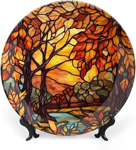 Gokays Platos decorativos, diseño de vitrales, árbol de otoño, paisaje, plato de cena de cerámica para el hogar con soporte de exhibición,