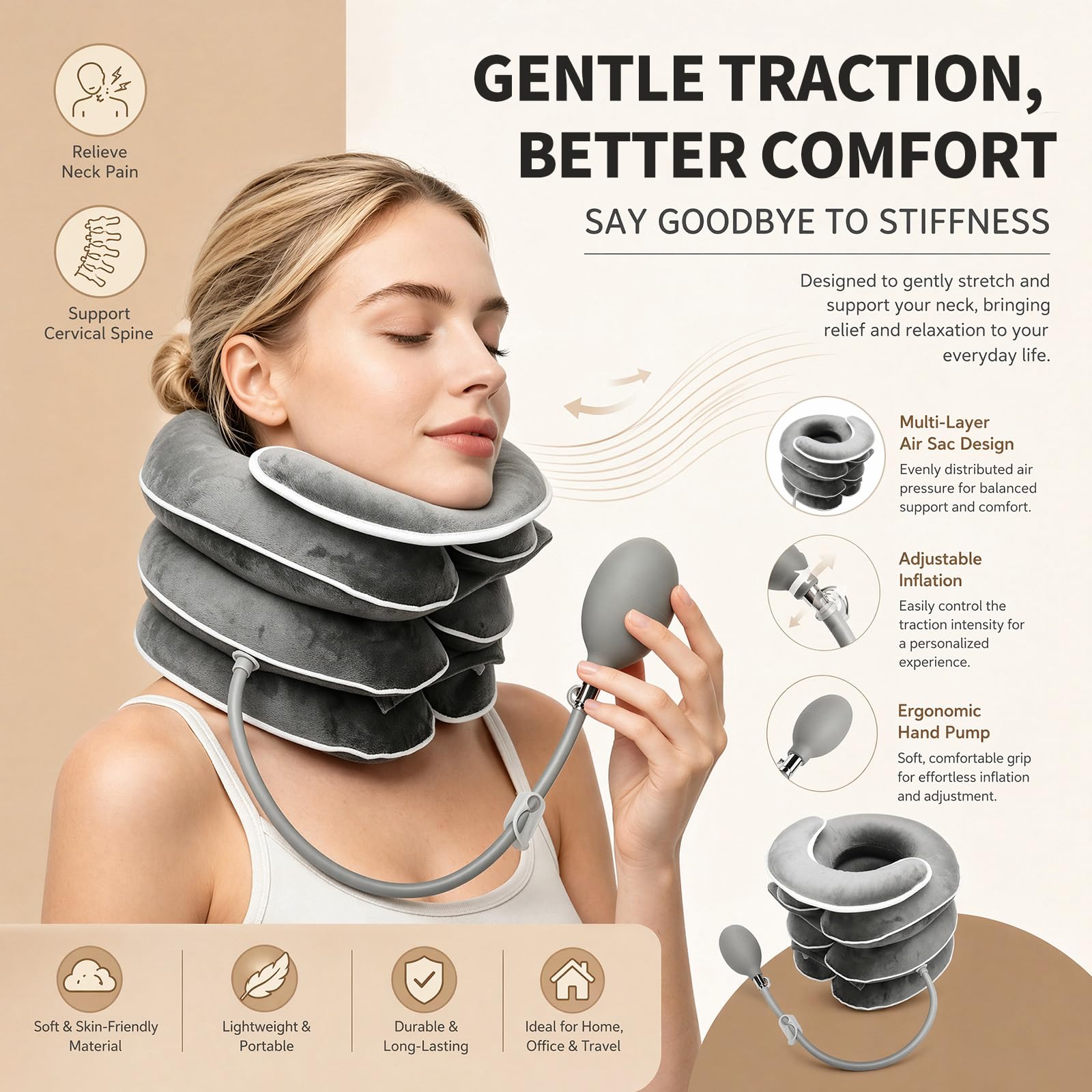 CEWROM Allungatore per il collo gonfiabile per la trazione cervicale, allungatore per il collo regolabile con design allungabile a 3 strati, cuscino cervicale per alleviare il dolore, supporto per il