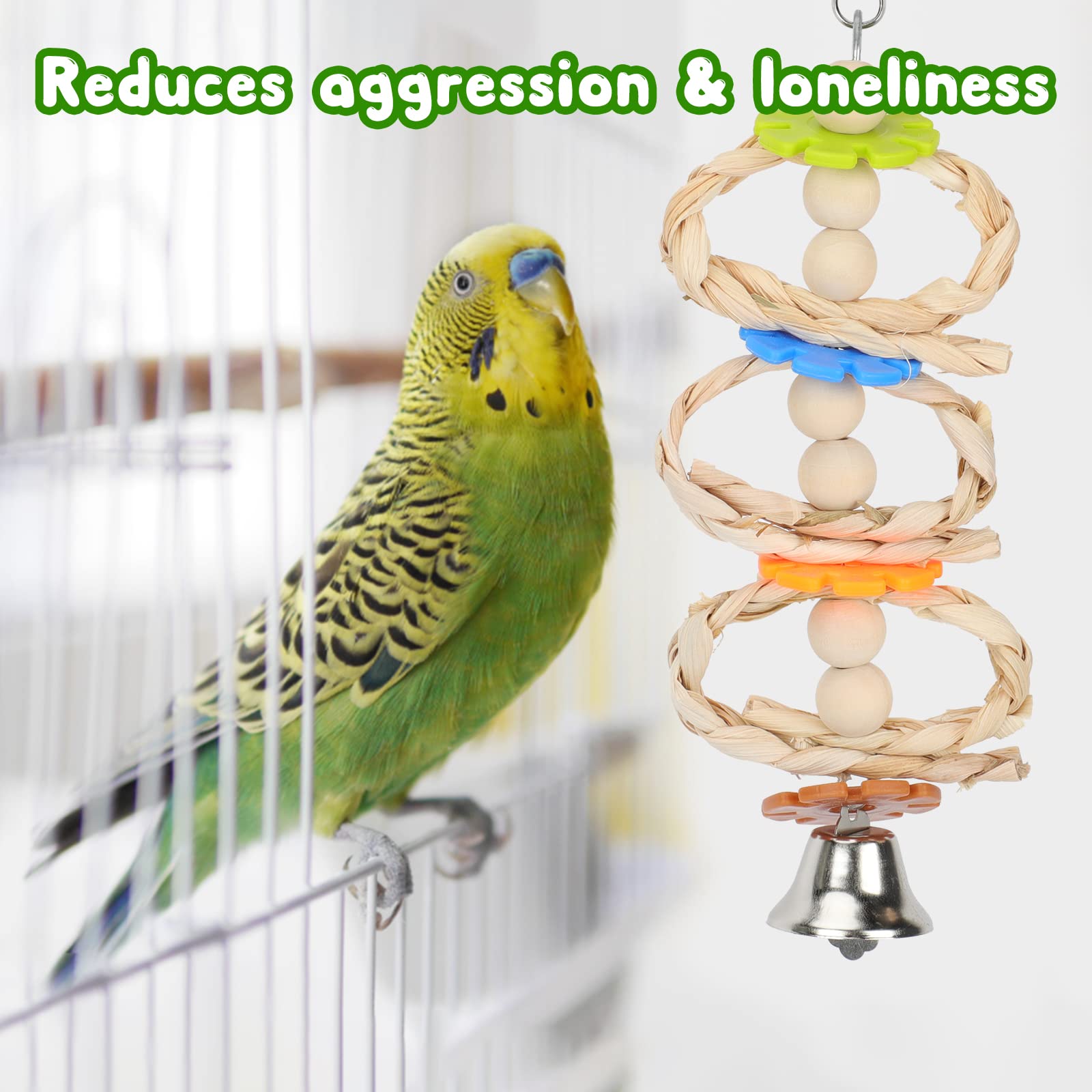 BWOGUE Paquete de 7 juguetes de loros para pájaros, juguetes de madera natural para masticar, escalar, colgar y hamaca para periquitos pequeños, cacatúas, conures, pinzas, periquitos, loros, pájaros