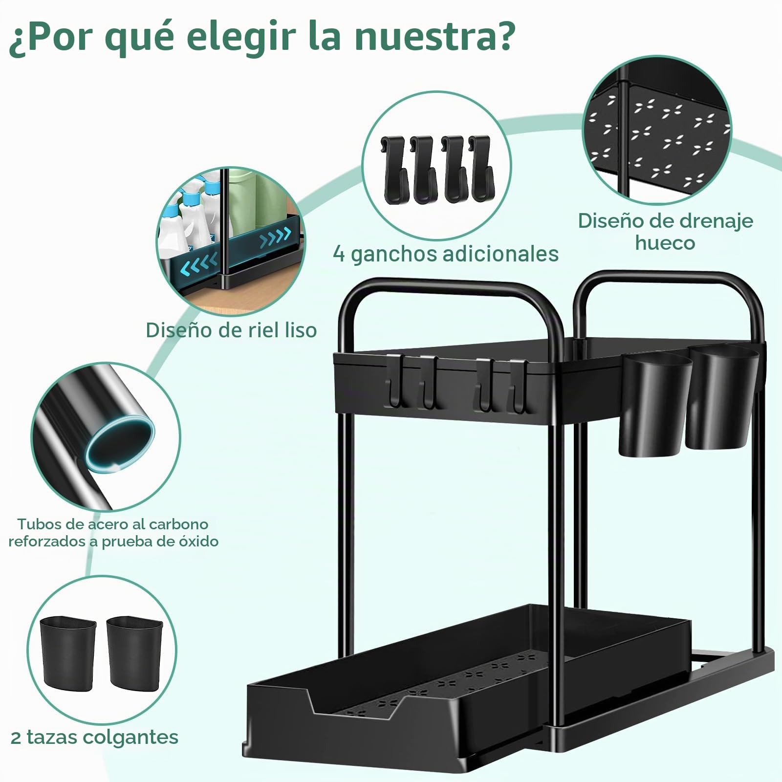 Estante para debajo del fregadero, organizador de cocina de 2 niveles, armario de cocina, armario extraíble con 4 ganchos y 2 tazas, cajón extraíble, estante para lavavajillas (negro, 1 pieza)
