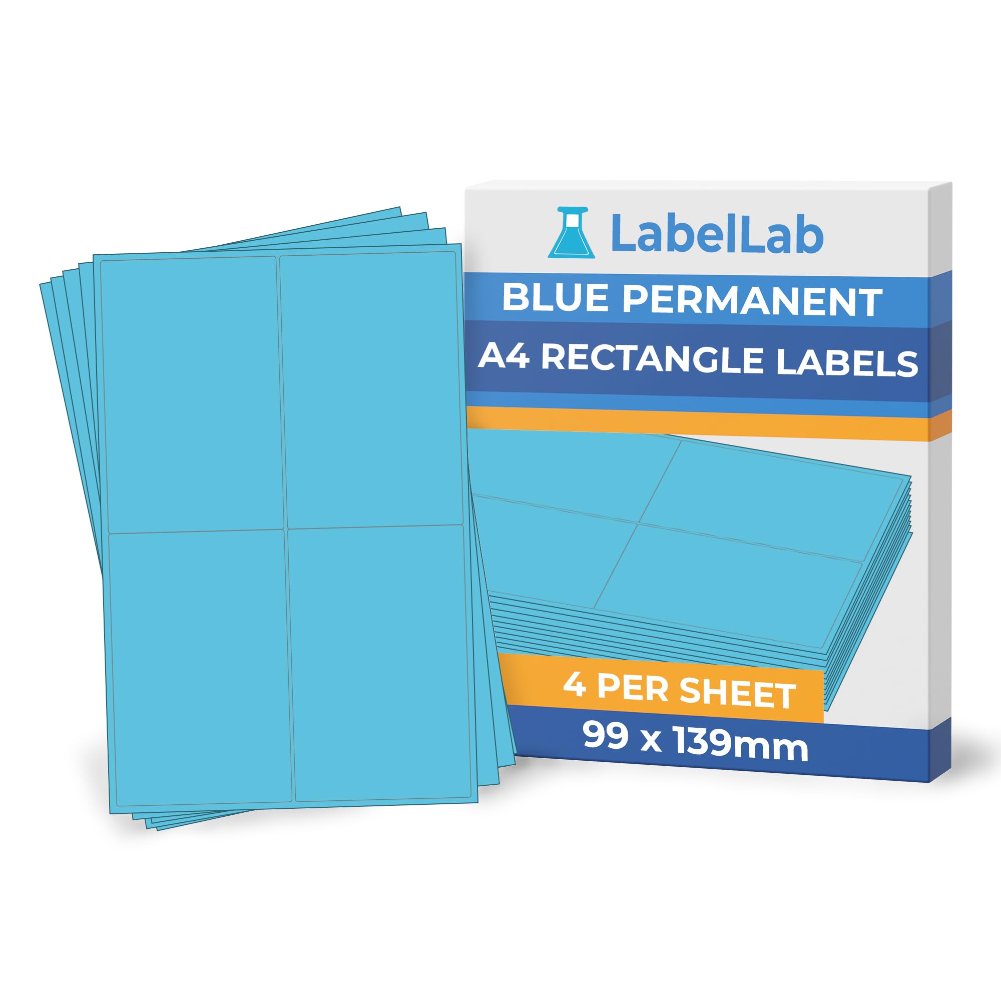 Blue A4 Rectangle Labels – Coloured Printable Sheet Labels for Inkjet & Laser Printers, Permanent Adhesive – 4 Per Sheet (99 × 139 mm), 500 Sheets – LabelLab