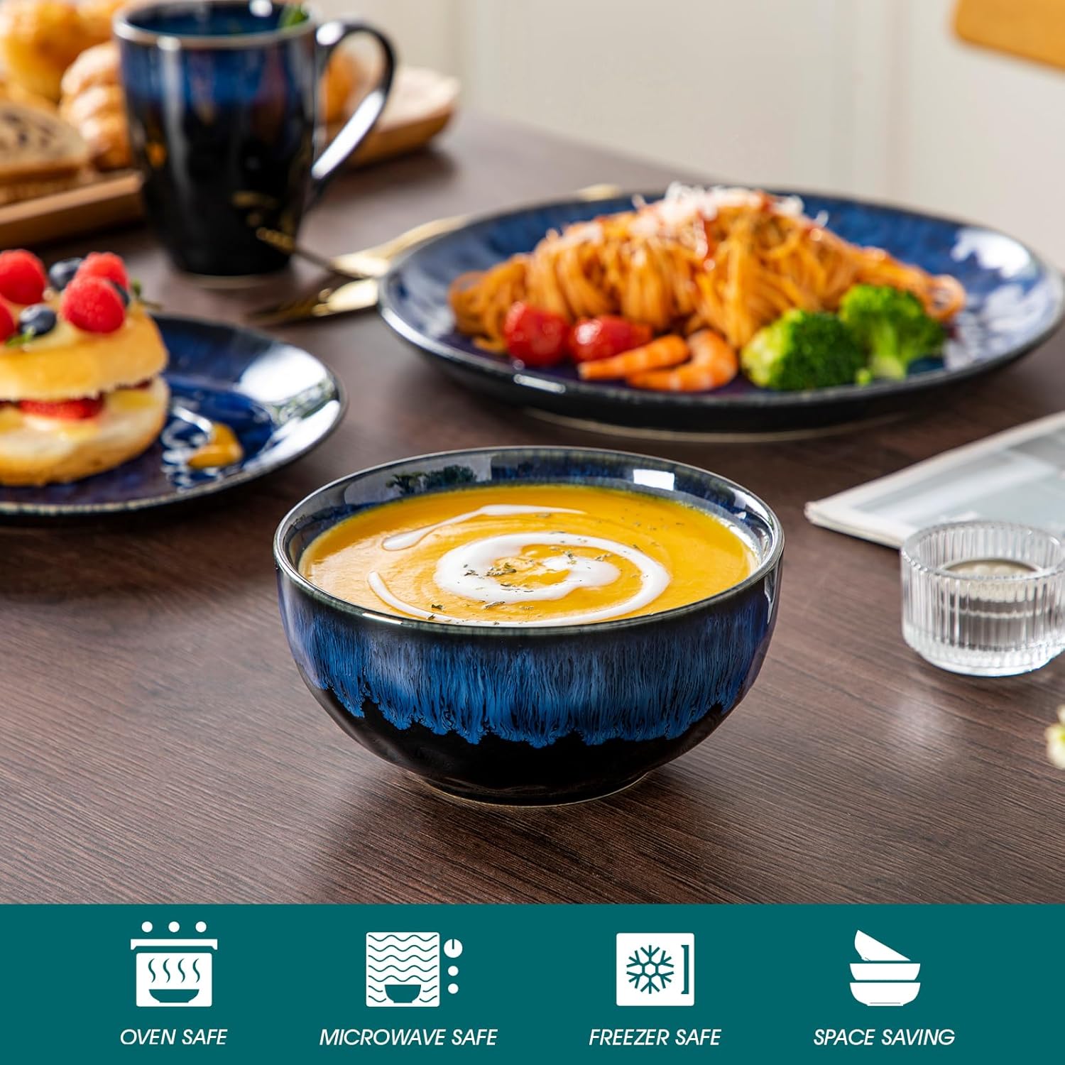 vancasso Starry 16 Pieces Dinnerware Set for 4, Reactive Glaze Blue Stoneware Plates and Bowls Set, Dishes Set with Mugs for 4, Microwave & Dishwasher Safe - Image 4