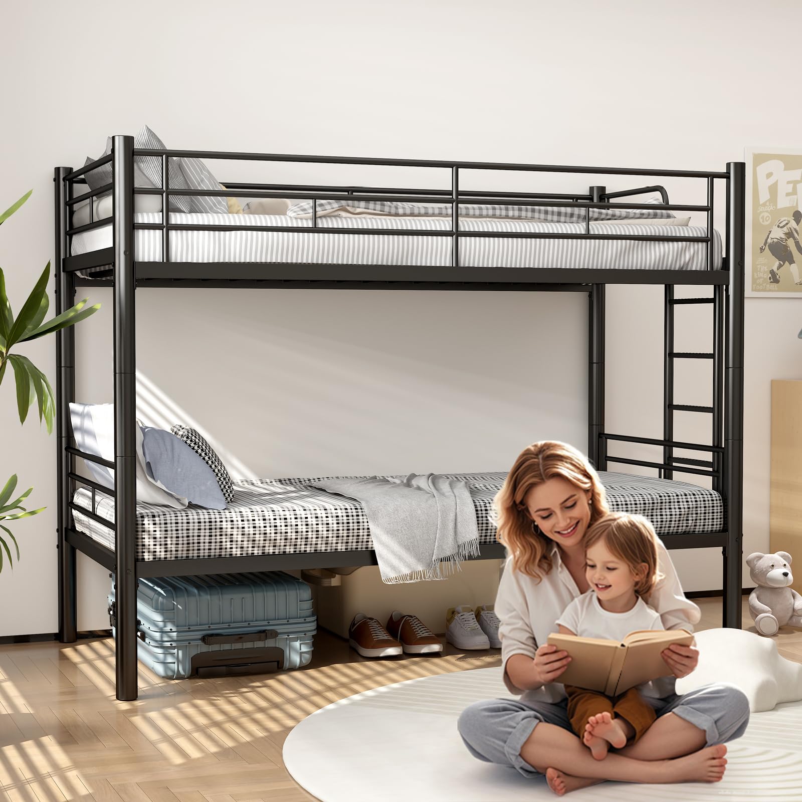 Letto a Castello per Adulti 90 X 200cm, Letto a Castello per Bambini con Scaletta & Ringhiera di Sicurezza, Trasformabile in Due Letti Singoli, Letti a Soppalco Metallo con Rete a Doghe (Nero)