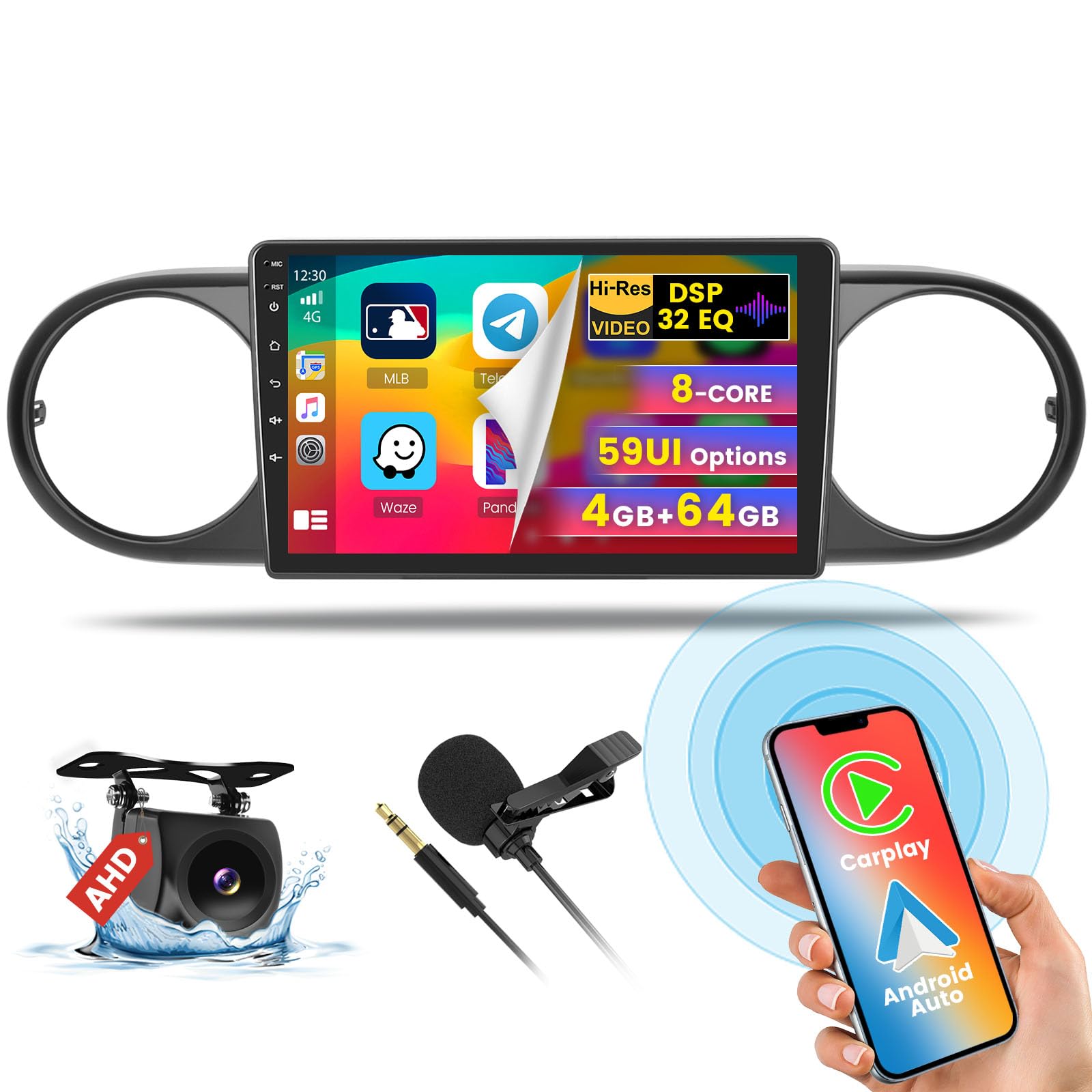 [8 Core 4+64G] Android 15 Car Stereo for Toyota Scion xB 2007-2019 with Wireless Carplay&Android Auto, 9 Inch Touchscreen Car Radio with GPS WiFi Bluetooth FM/RDS 32EQ DSP SWC