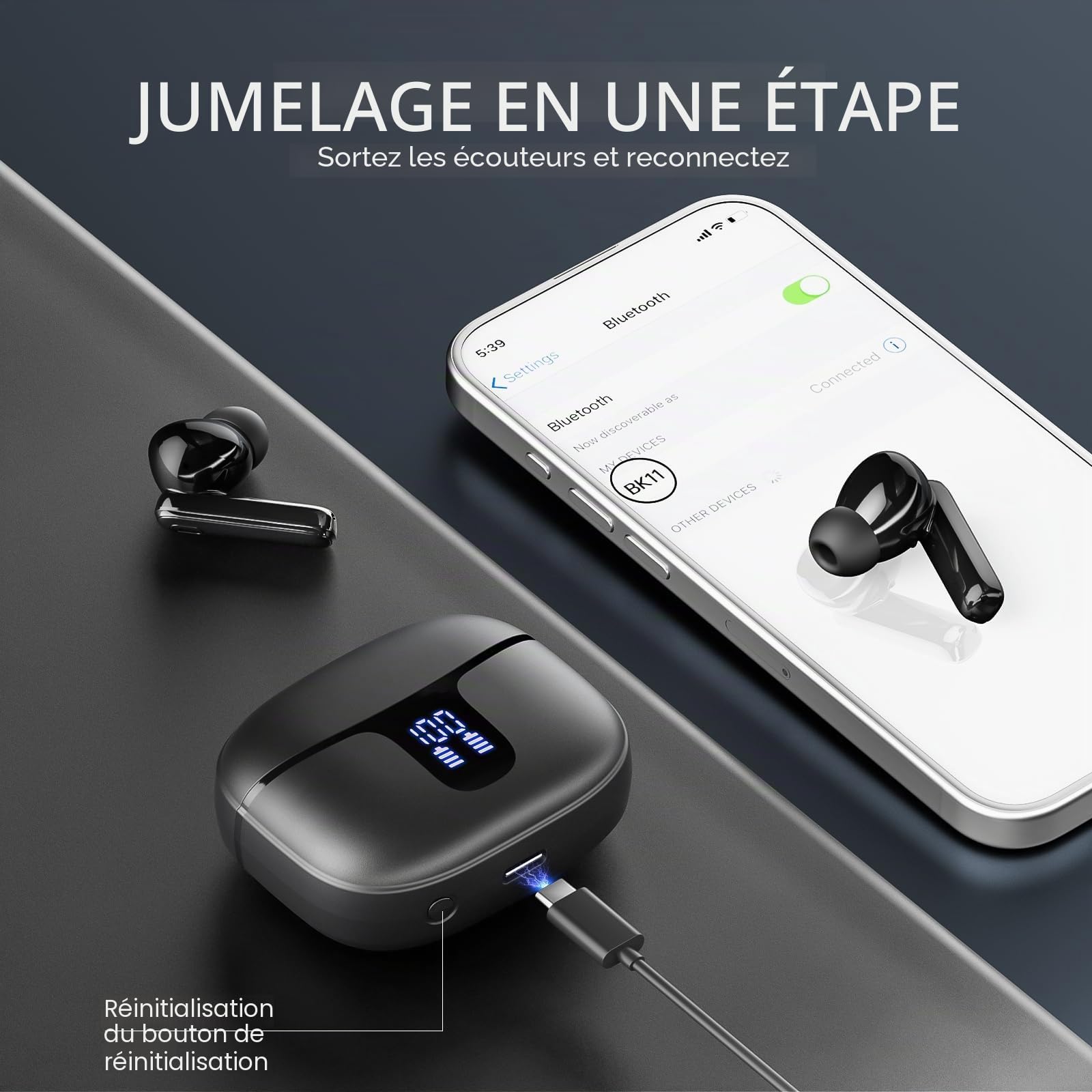 Ecouteurs Bluetooth sans Fil,Écouteurs sans Fil Intra-Auriculaires HiFi Stéréo avec Réduction de Bruit ENC,40H d'Autonomie,IP7 Étanche,Écran LED,Appairage en Un Pas,