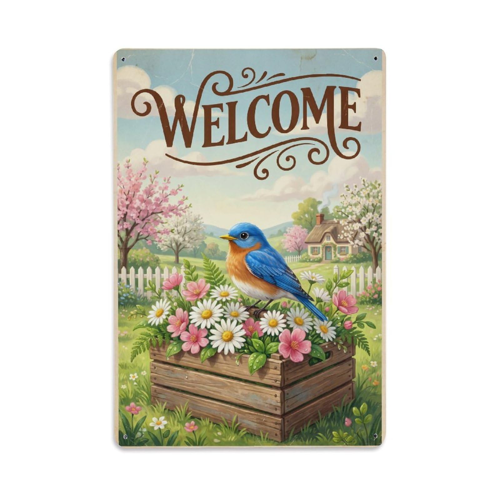 Cxhjca 8X12inch(20X30cm) [Vintage Welcome] Bluebird Morning Dew Metal Tin Sign