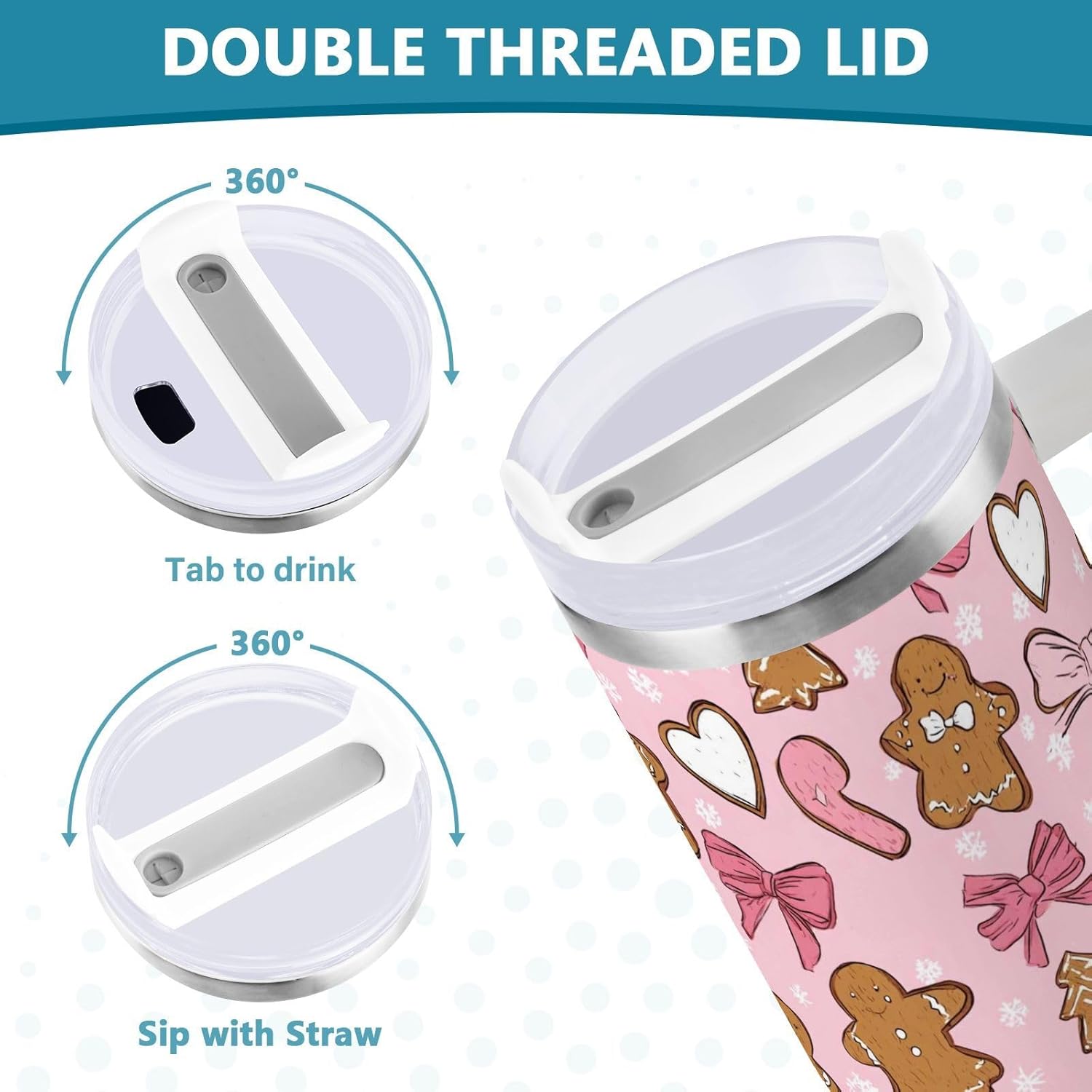 Boccsty Christmas Gingerbread Insulated Tumblers Pink Bow Snowflake Hearts SnReusable Stainless Steel Tumbler 40 oz Cup Coffee Travel Mug Water Bottle with Handle & Flip Straw for Home Office Car