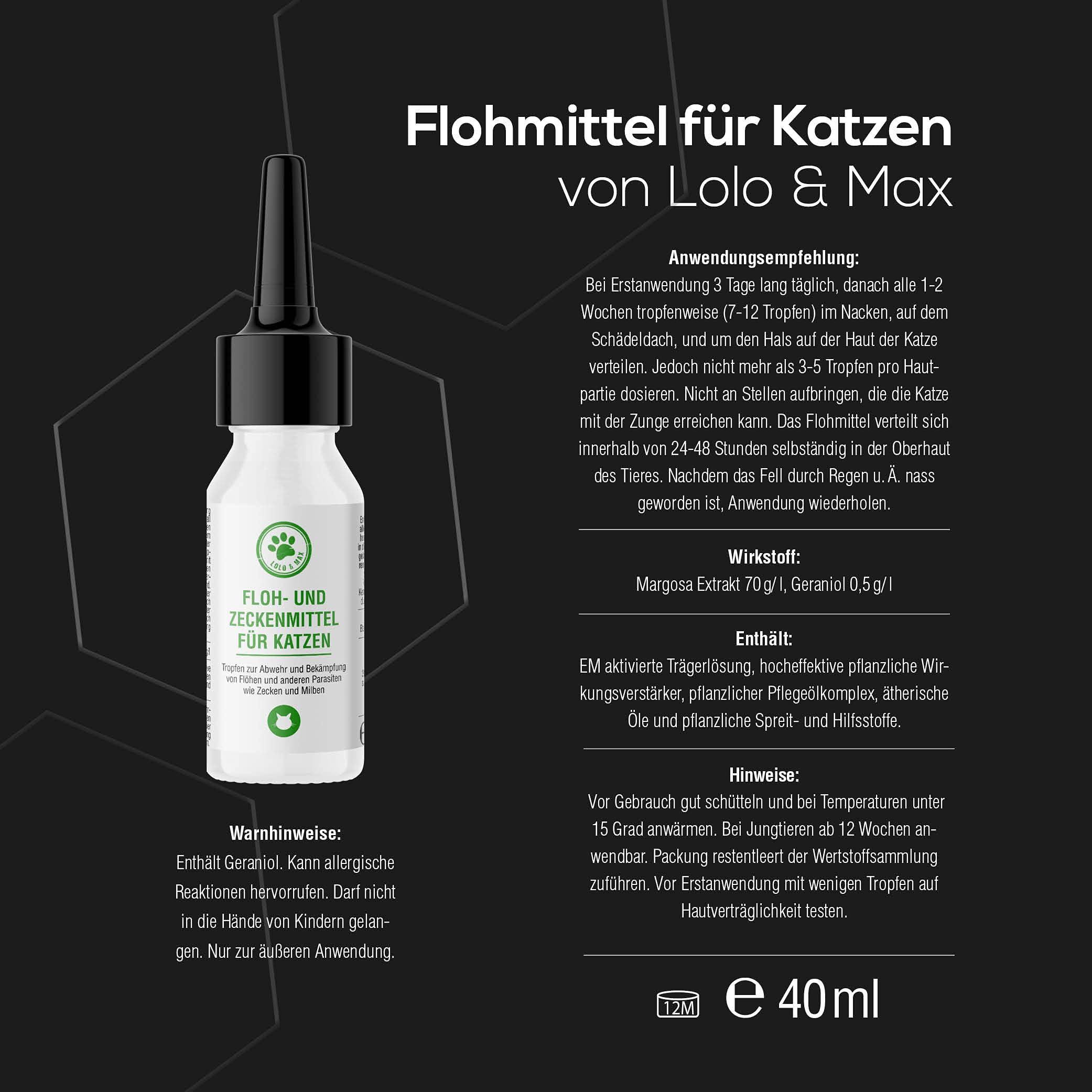Lolo & Max - Floh- und Zeckenmittel für Katzen 100% Natürlicher Spot On - Bis zu 8 Monate Abwehr & Bekämpfung von Flöhen & Parasiten (Zecken,Milben,Läuse,Haarlinge,Wanzen) - Mittel gegen Flöhe - 40ml