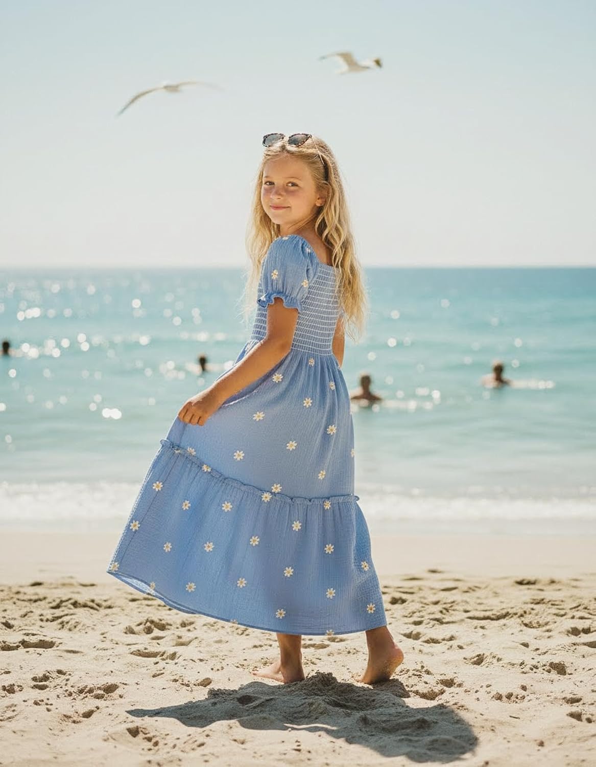 Sunny Spirit Girls Maxi Dress Tween Dresses for Girl Spring Summer Boho Floral Short Puff Sleeve Smocked Cotton 5-14 Years - Image 3
