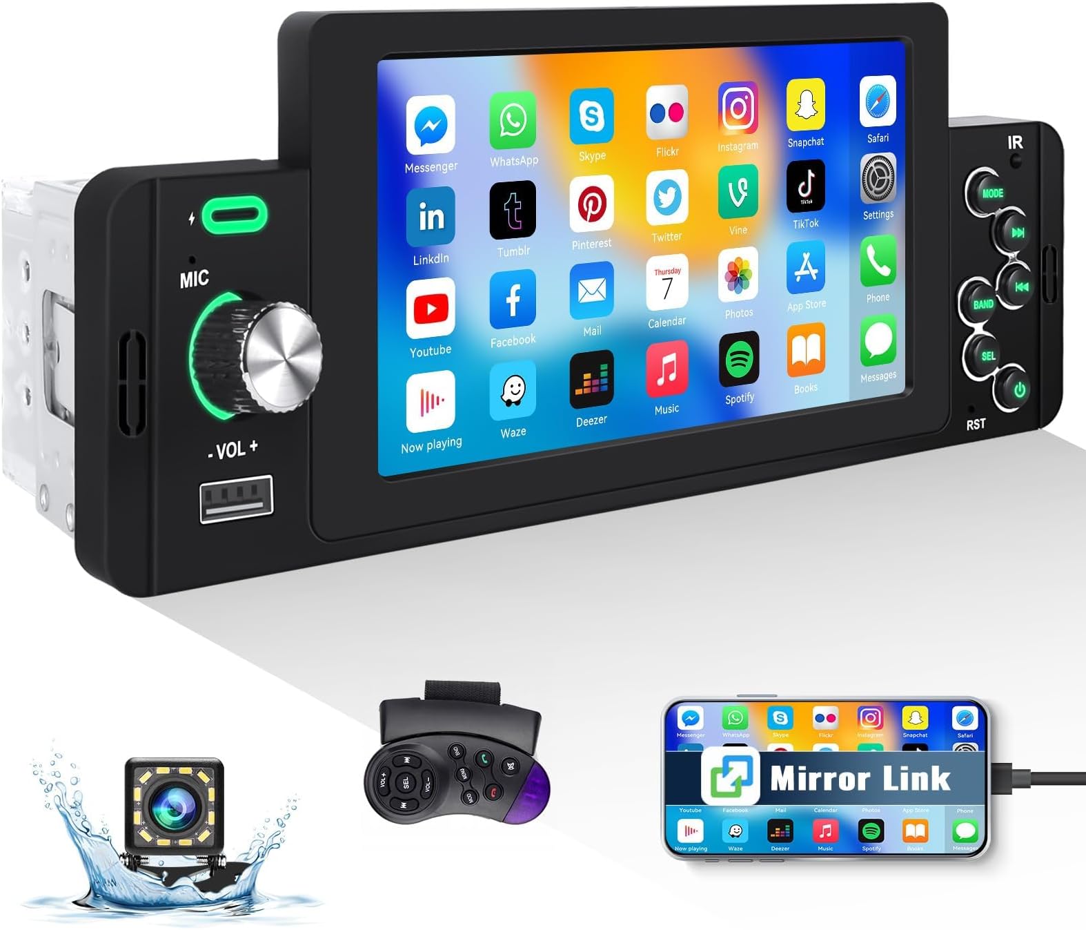 CAMECHO Single Din Car Stereo Bluetooth with Mirror Link, 5.1 Inch HD IPS Touch Screen Mirror Link DVR FM Radio USB/AUX IN/TF Card DSP + Backup Camera Mic Remote Control