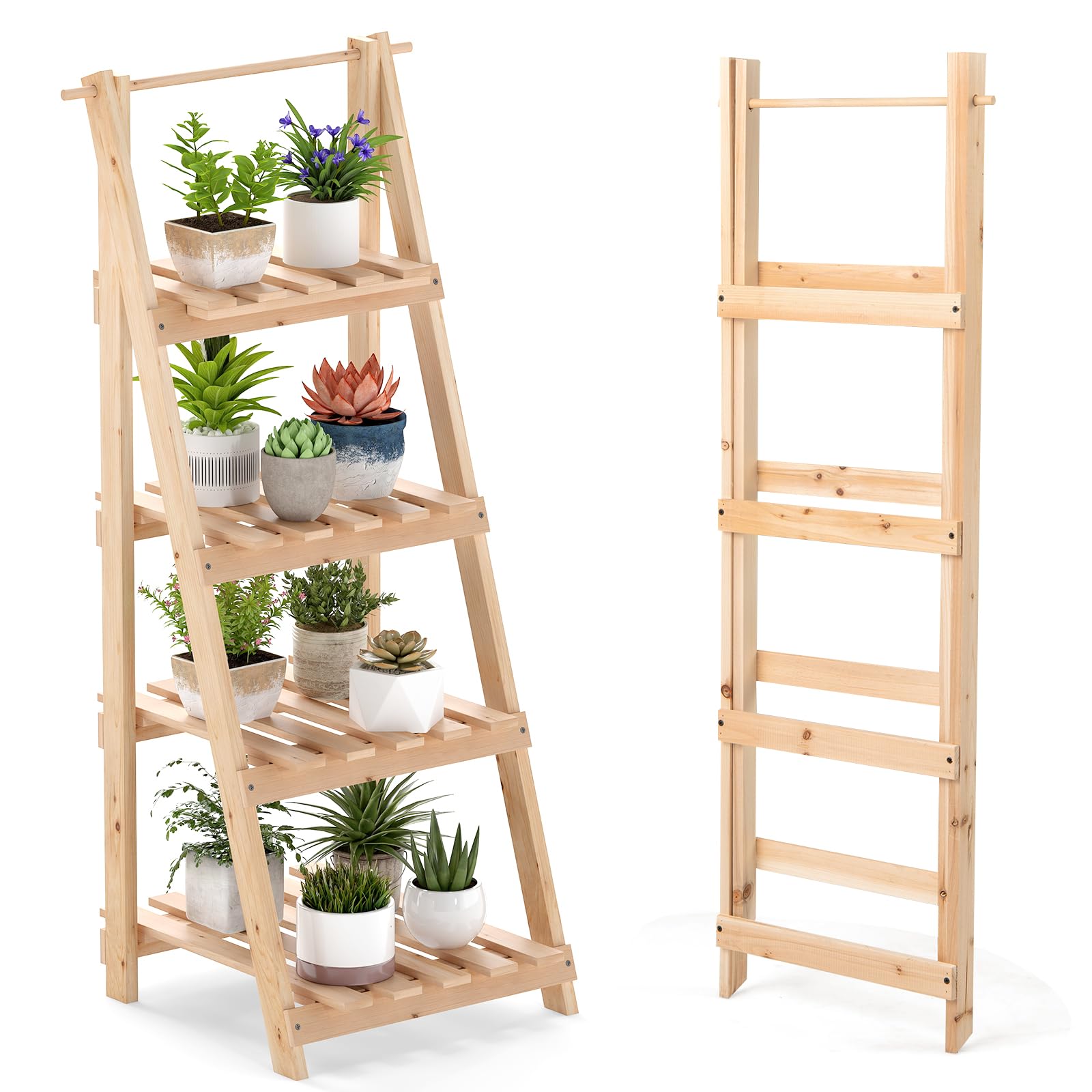 HOMASIS Porte-plantes d'intérieur à 4 étagères, étagère présentoir à escalier en bois d'épicéa, support pour plantes pliable et multifonctionnel pour salon, entrée, 38 x 52 x 109 cm, naturel