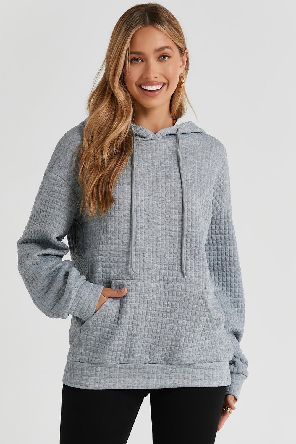 SHEWIN Womens Hoodies Casual Long Sleeve Drawstring Waffle Pullover Tops Loose Hooded Sweatshirt with Pocket - Image 3