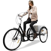 26 Inch Tricycle for Adults 6 Speed Leisure Bike Shopping 3 Wheels with Basket City Tricycle Cargo Bike for Outdoor Activities Black