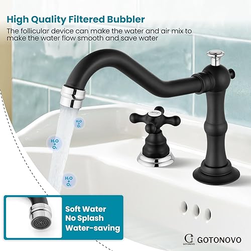 Miniatura 5 de gotonovo Grifo de lavabo de baño generalizado, negro mate y cromo pulido, 3 agujeros, dos manijas cruzadas, grifo mezclador de lavabo, montaje en