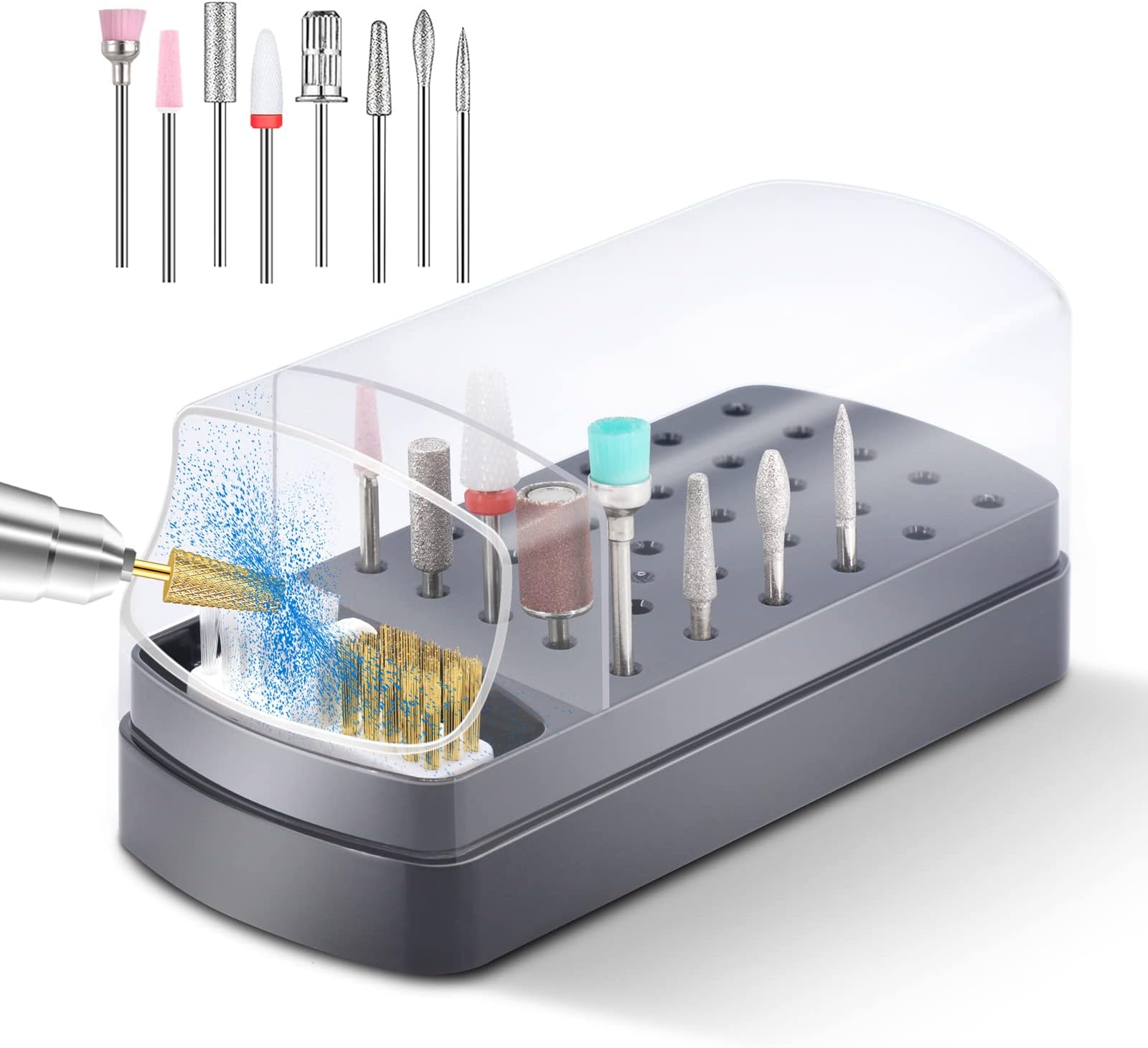 30 Holes Nail Drill Bits Holder and Nail Drill Bits Cleanser, Comes with 8 pcs Nail Drill Bits, Manicure Tools for Nail Salon, Home Use - Black