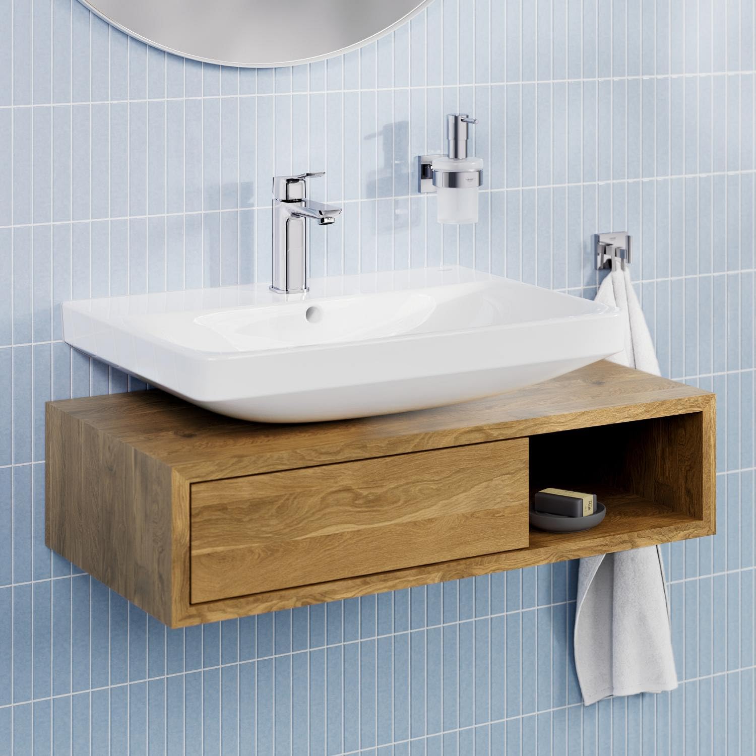 GROHE Dice - Grifo de lavabo de cuerpo liso con desagüe Push-Open, Talla M, cartucho cerámico 28 mm, bajo caudal para ahorro de agua, latiguillos 3/8", QuickTool, Cromado, 1018350000