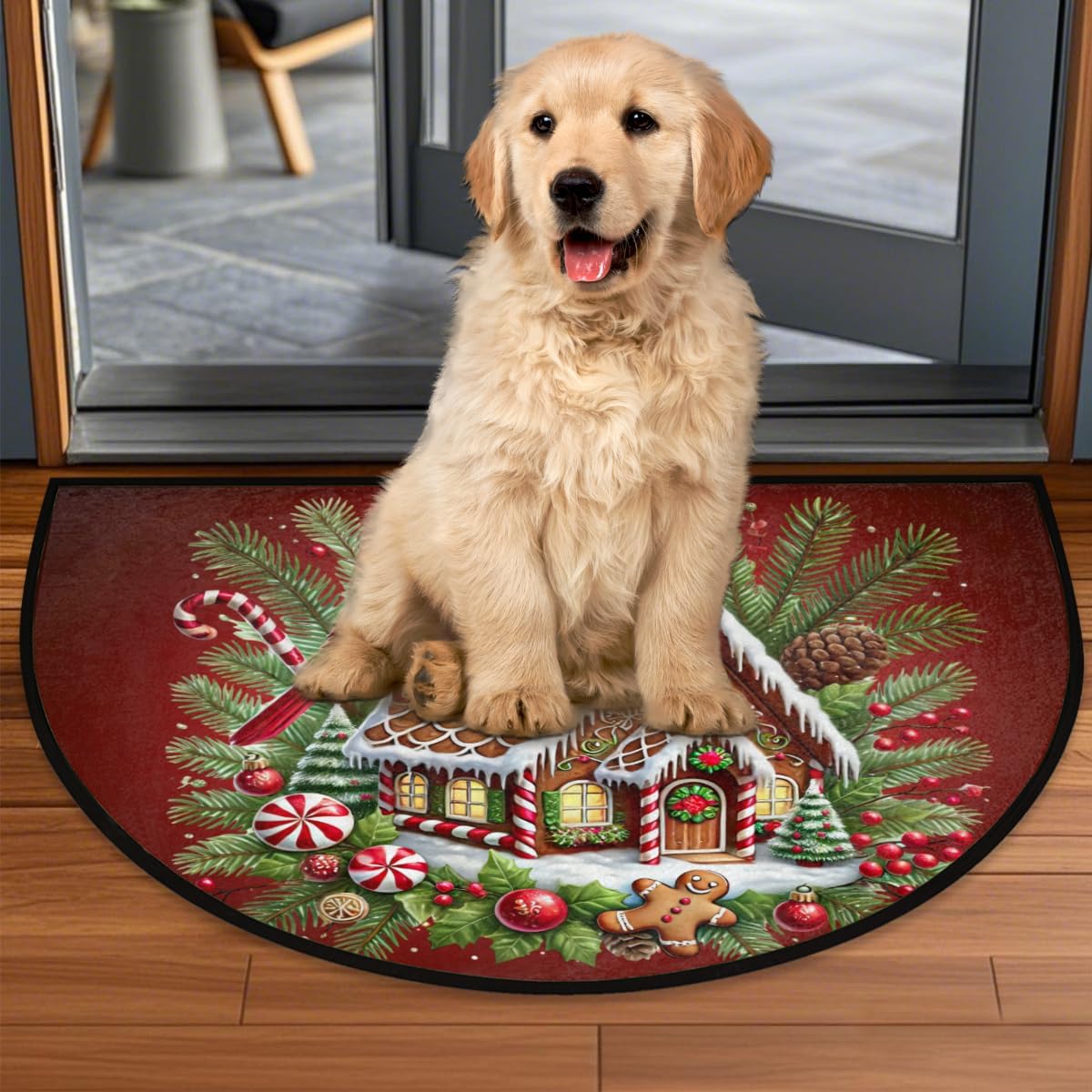 Christmas Bird House Cardinal Half Round Door Mat Outdoor Entrance Large 24"x36" Half Circle Welcome Entrance Way Mat Semi Circular Front Door Mat Area Rug for Garage, Patio, High Traffic Areas
