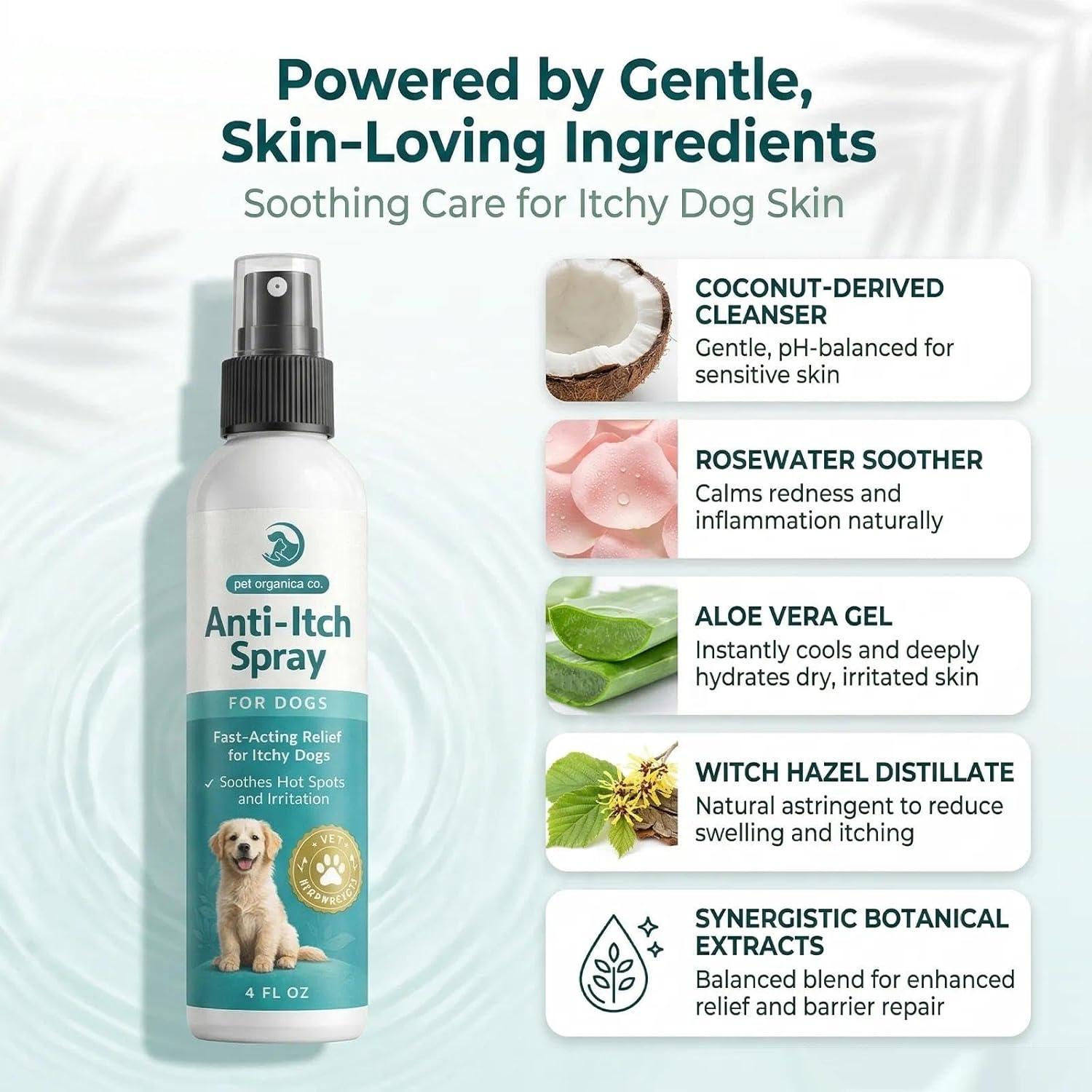 Pet Organica Co Anti-Itch Spray for Dogs, Natural Hot Spot & Itchy Skin Relief, Helps Soothe Irritated Skin, Redness, Dry Flaky Patches & Licking, 4 FL OZ(1pc)