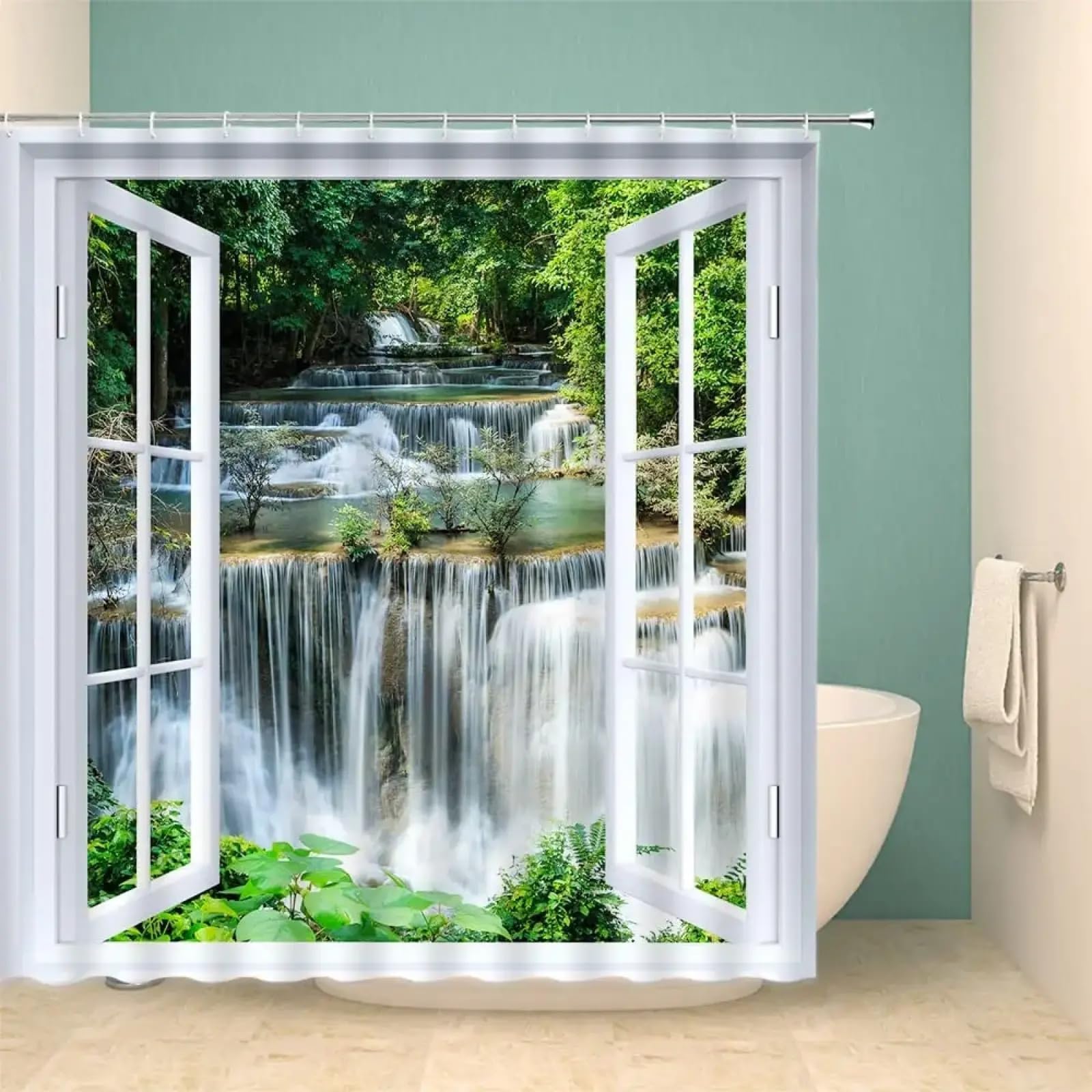 Uiyiui Multicolor-4 Waterfall Shower Curtain 47X71in/120X180/Wxh Forest Nature Scenery Tree White Window Garden Outdoors Lake River Shower Curtains For Bathroom Decoration, Waterproof Fabric With Hooks