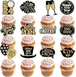 Happy New Year 2024 Cupcake Toppers,Cake Topper Decorations Set- Christmas Cake Decorations Xmas Toothpicks with New Years,Cheers, Kiss Me,Hello 2024 Letters Eve Themed Birthday Party Deco