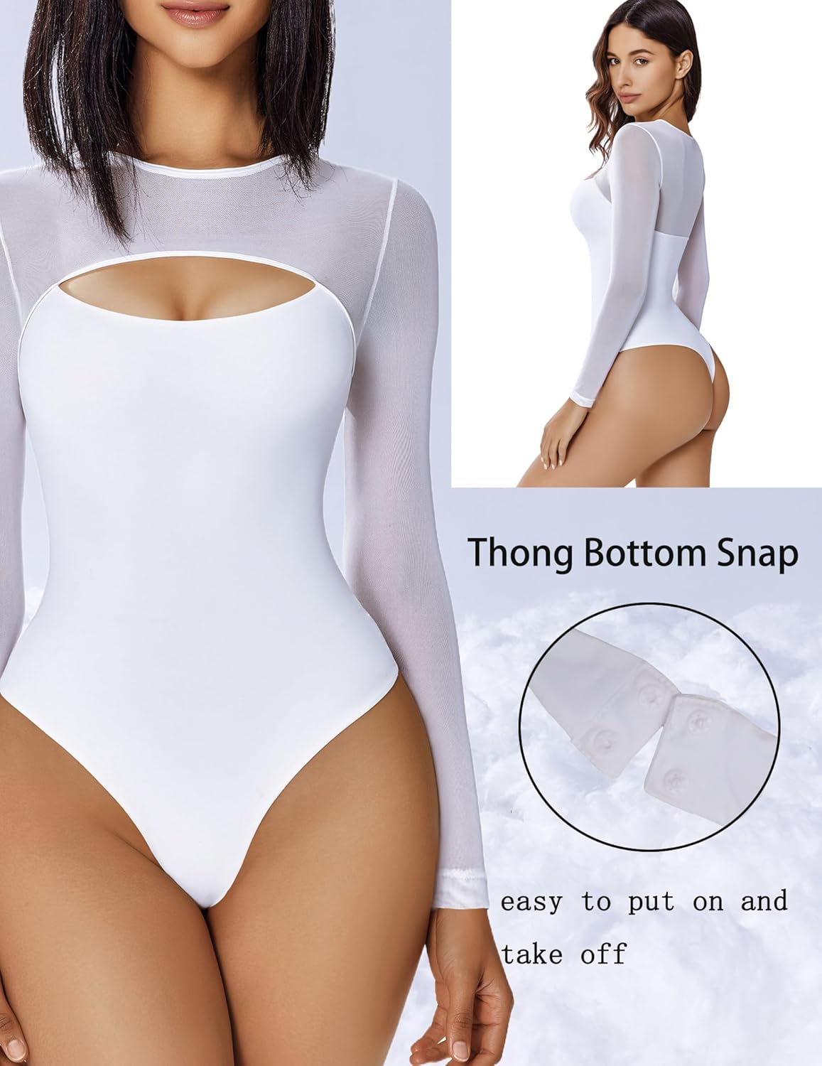 Avidlove Bodysuits for Women Round Neck Shapewear Bodysuit Long Sleeve Bodysuit Sexy Mesh Top Double Lined Cutout Shirt - Image 6