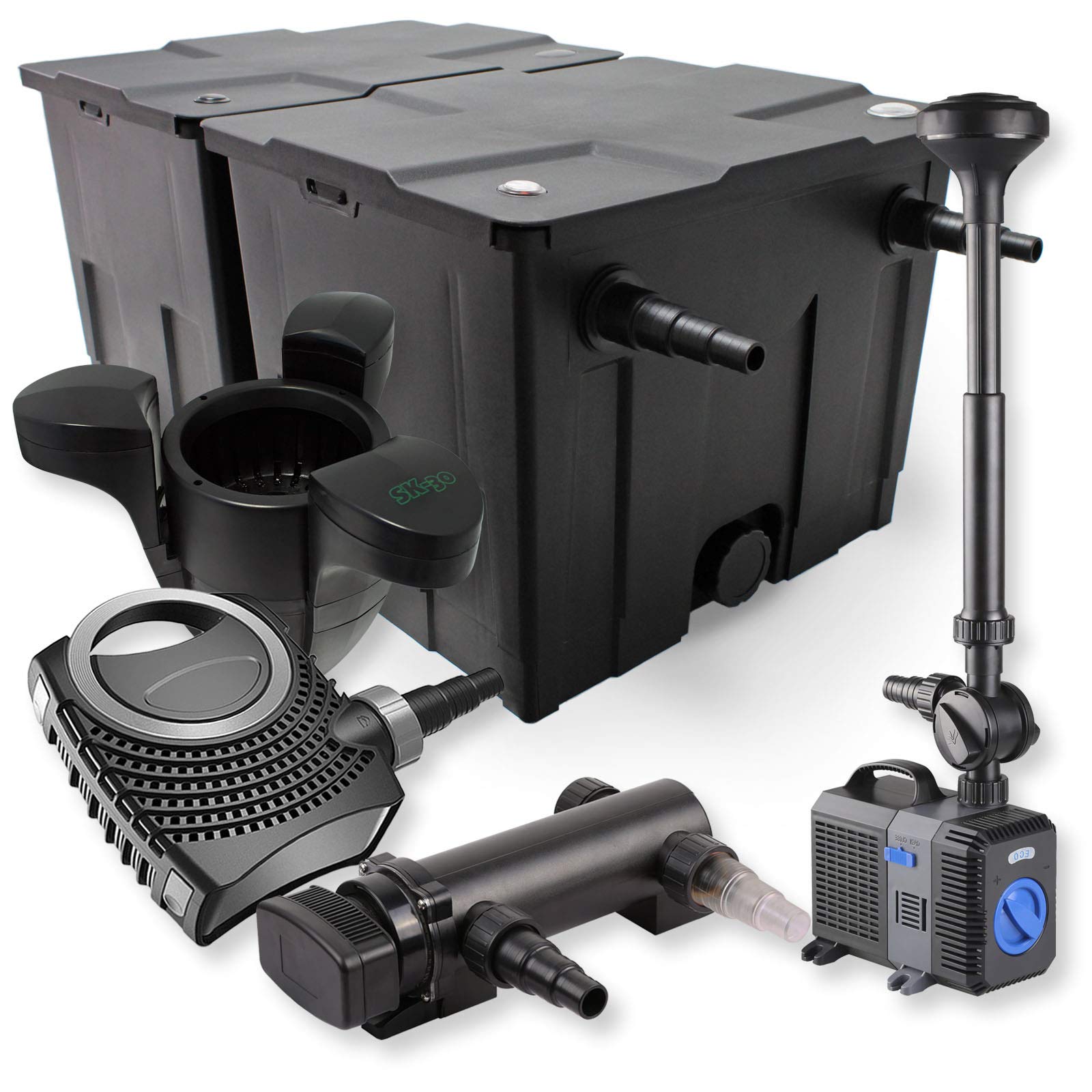 SunSun Kit complet: CBF-350B Filtre de bassin jusqu'à 60000L Biologique, CTF-8000 pompe de filtration 8000l/h 70W, CUV-318Lampe uv UVC Clarificateur avec 18W, CTP-2803 Pompe pour fontaine 3000l/h 10W