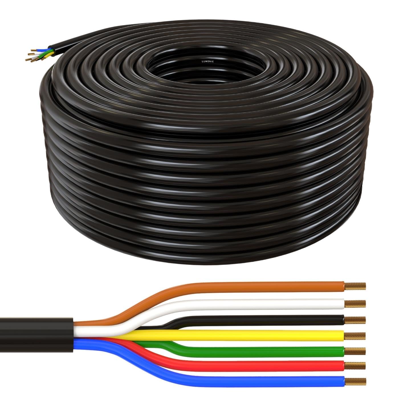 Lumonic 20m FLRYY Câble de véhicule 7x1mm² noir | 7 fils | Câble de remorque | automobile multiconducteur | Résistant aux huiles et aux carburants, ignifuge | Basse tension