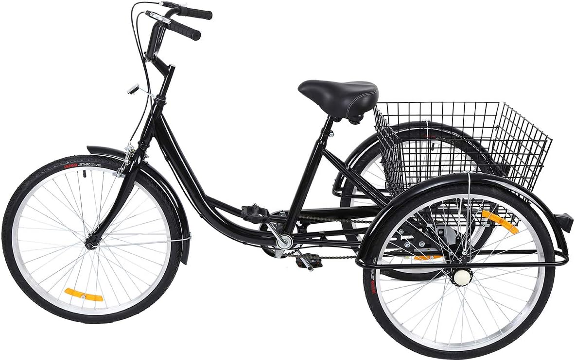 MuGuang 24 Inches 3 Wheel Single Speed Tricycle Trike Bike Cycling with Shopping Basket for Adults and Elderly(Black)