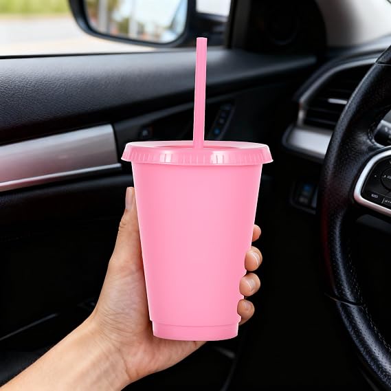 480ml Reusable Plastic Cups, 15 Pack of Kids Tumbler with Lid and Straw, for Cold Drinks, Iced Coffee, Travel and Smoothies (15, Pink)