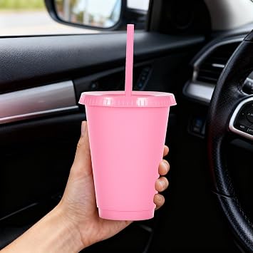 480ml Reusable Plastic Cups, 15 Pack of Kids Tumbler with Lid and Straw, for Cold Drinks, Iced Coffee, Travel and Smoothies (15, Pink)