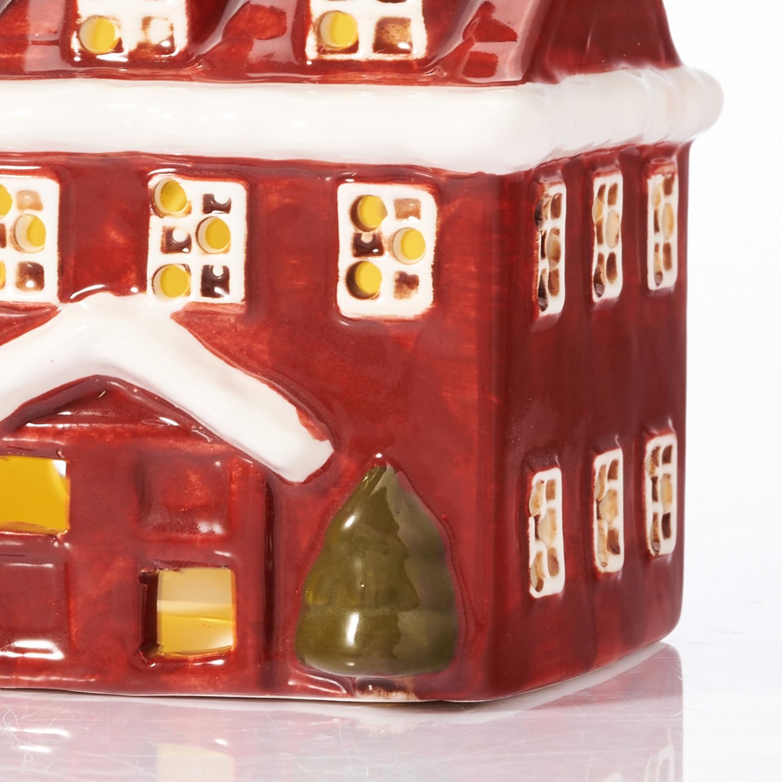 WDS WONDROUS Décorations de Noël – Lot de 3 maisons de village de Noël lumineuses en céramique peintes à la main, maisons de Noël d'intérieur rouges et blanches pour maison, table, chambre, ferme
