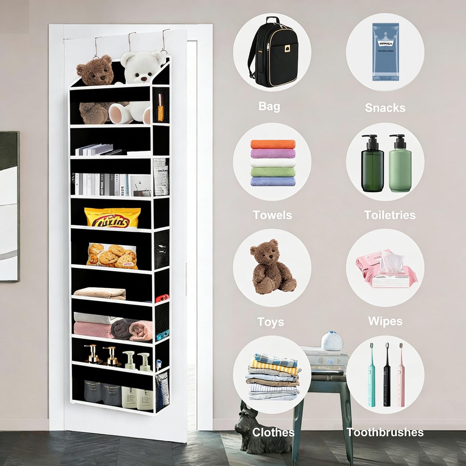 Over The Door Organizer Closet,5 Bins 10 Side Pockets,Hanging Organizer,Anti Tilt 44 lbs Load Door Organizers and Storage with Clear Window for Bedroom,Nursery,Rv,Bathroom,Camper(Pure Black)