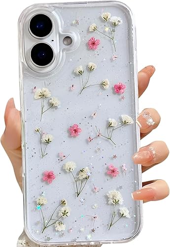 Miniatura 22 de Funda transparente para iPhone 16 Pro Max con diseño de flores reales presionadas, patrón floral rosa brillante y lindo, funda protectora de TPU