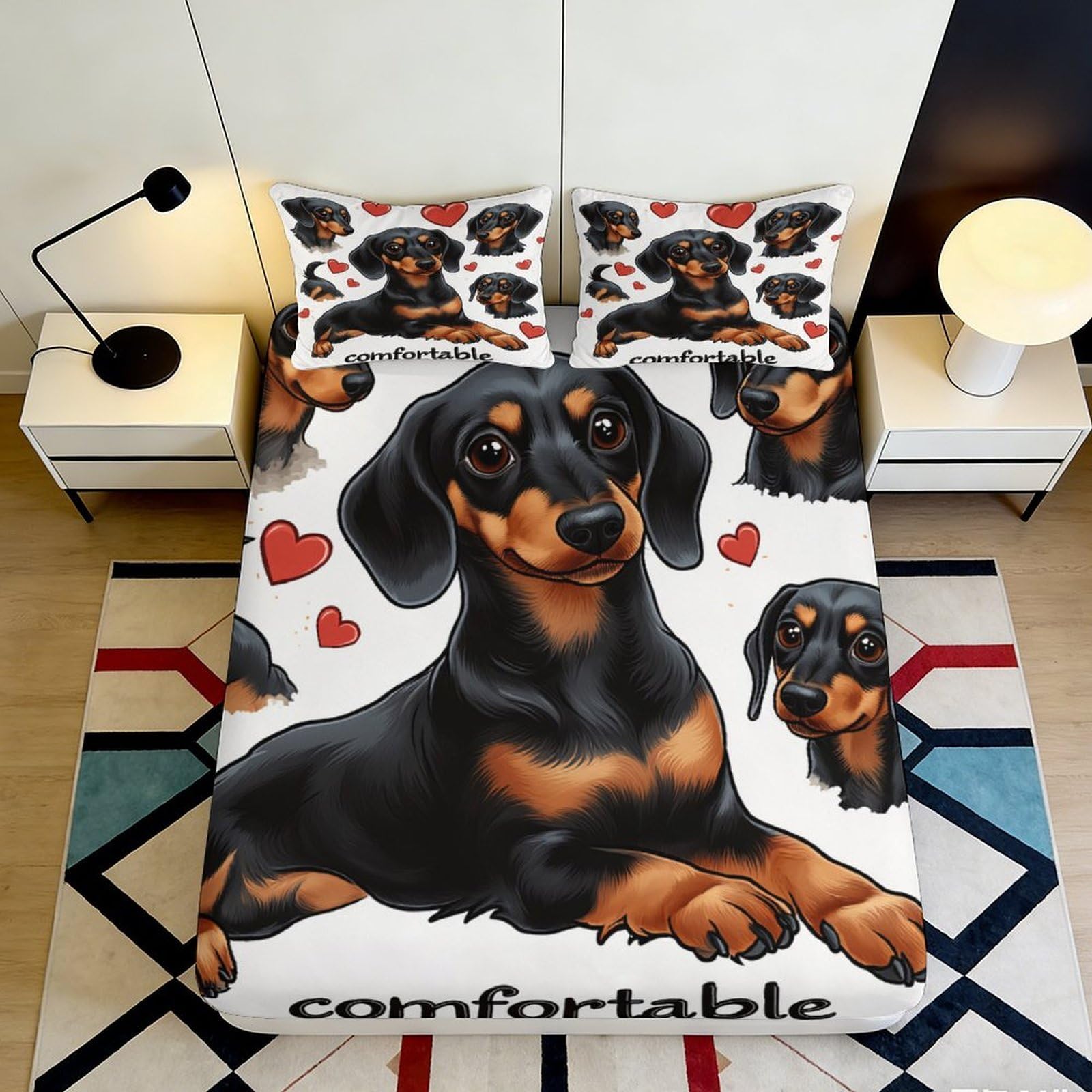 3D Printed Dachshund Dog Fitted Sheet Microfiber Soft Heart Pattern Mattress Cover for Bedroom Guest Room Decor 90x200x25cm
