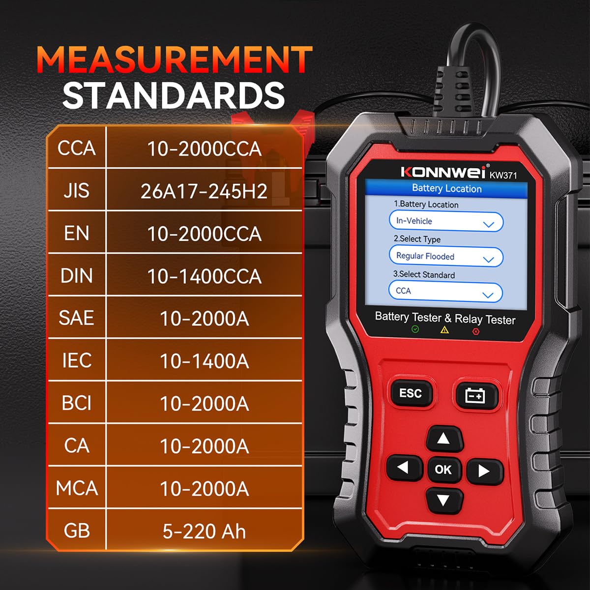 KONNWEI KW371 Autobatterie Tester 6V 12V 24V, Batterieprüfer 100-3000 CCA für AGM EFB GEL Lithium Batterien, KFZ Batterietester mit Anlasser- & Ladesystemtest, Cloud-Bericht für PKW LKW Motorrad