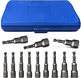 Jogo de Bits Soquetes Multifuncional 12 Peças, Tamanhos 5 a 13mm, Haste Sextavada 1/4", Aço Cromo Vanádio, Magnético, com Tratamento Anticorrosivo, para Parafusadeiras Elétricas e Manuais