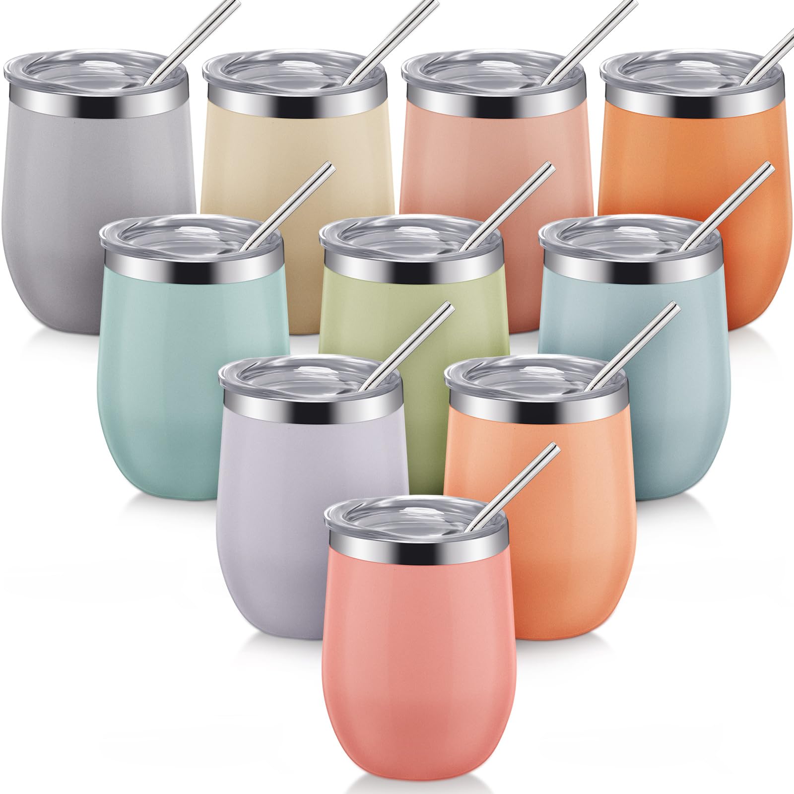 Tanlade 10 Pcs 12 oz Stainless Steel Wine Tumbler Bulk with Lid Insulated Travel Coffee Cups 10 Colors Cute Stemless Wine Glass Cup Double Wall Vacuum Insulated Tumblers for Party Hot Cold Drink