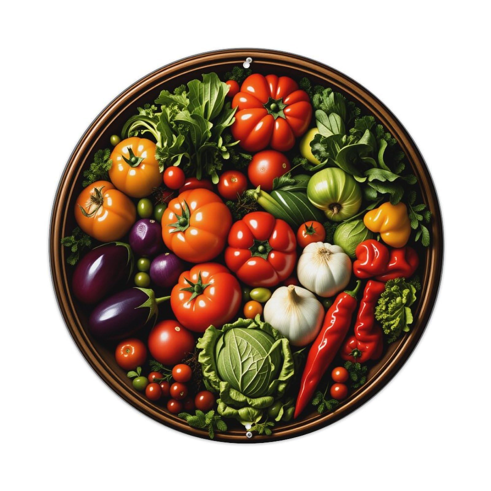 Fresh Vegetables Arranged In A Circular Pattern With Vibrant Colors And Textures Round Vintage Tin Sign,Retro Wall Art,Metal Poster for Home, Bar, Garage, Cafe, Rustic Indoor & Outdoor Decor, 8x8 Inch