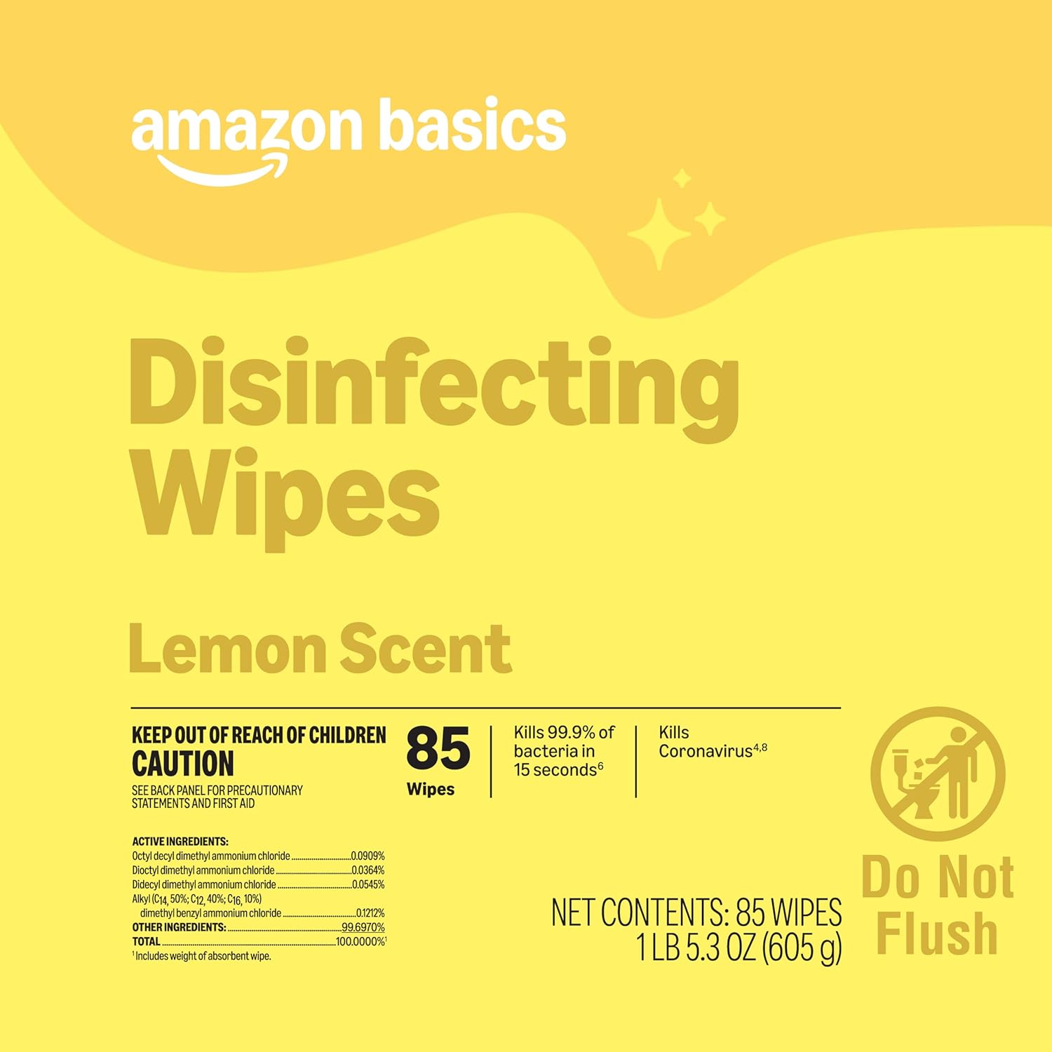 Hand pulling a wipe from an Amazon Basics Disinfecting Wipes canister.