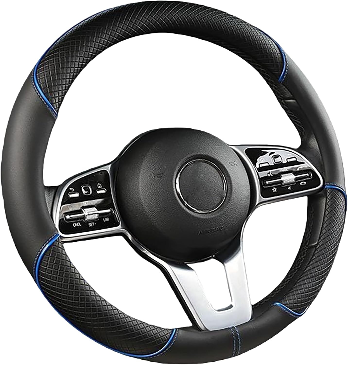 Steering Wheel Cover, Premium Nappa Leather Non-Slip Breathable Grip, Universal Fit for Car SUV Truck, 14.5-15 Inch (37-38.5 cm) (Black and Blue)