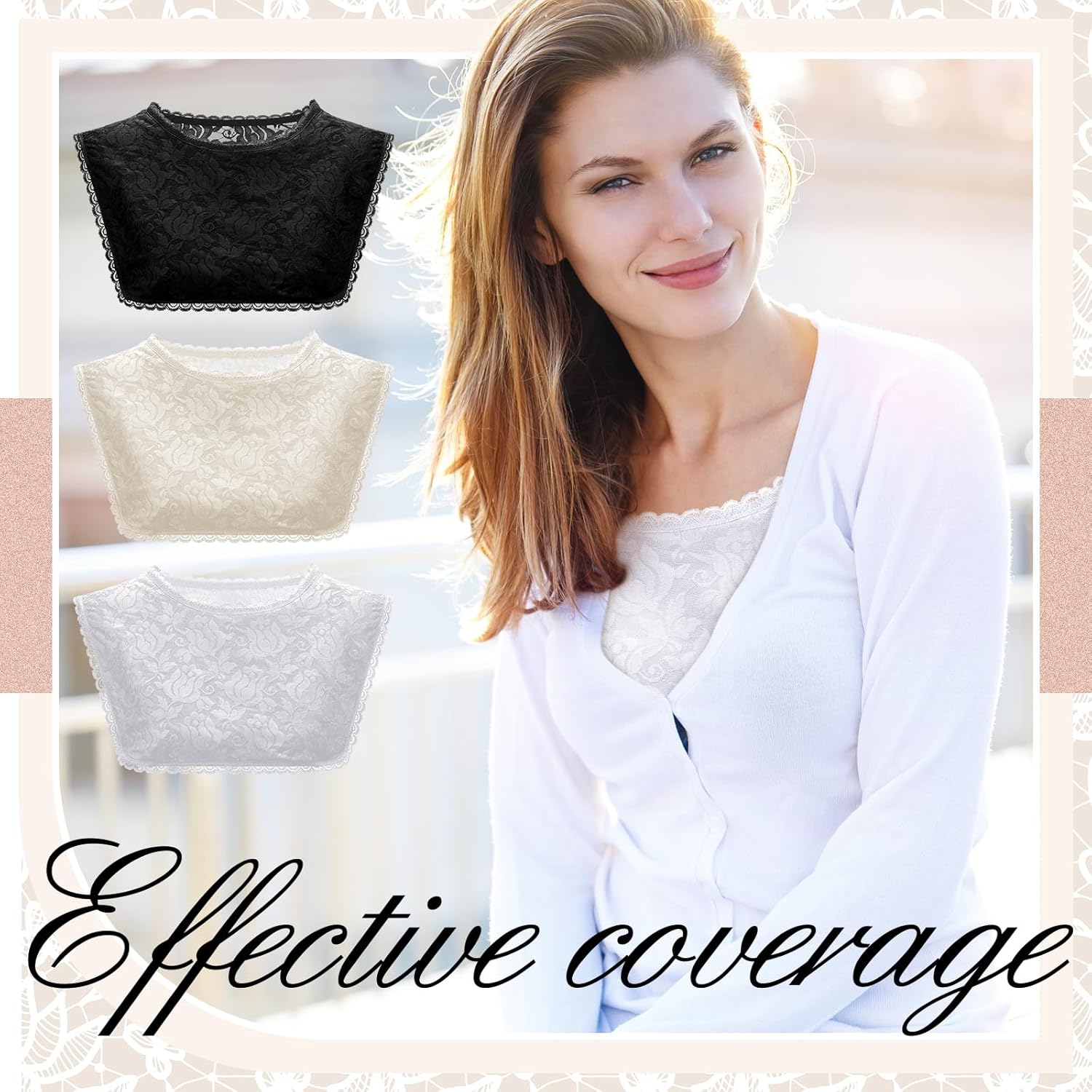 3 Pcs Lace Cleavage Cover up for Low Neckline Fake Collars for Women Modesty Inserts for Low Cut Dresses Crew Collar - Image 3