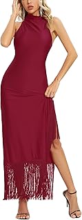 Aigeman Women Vintage Flapper Dresses 1920s Great Gatsby Halter Fringed Maxi Dress Tassels High
