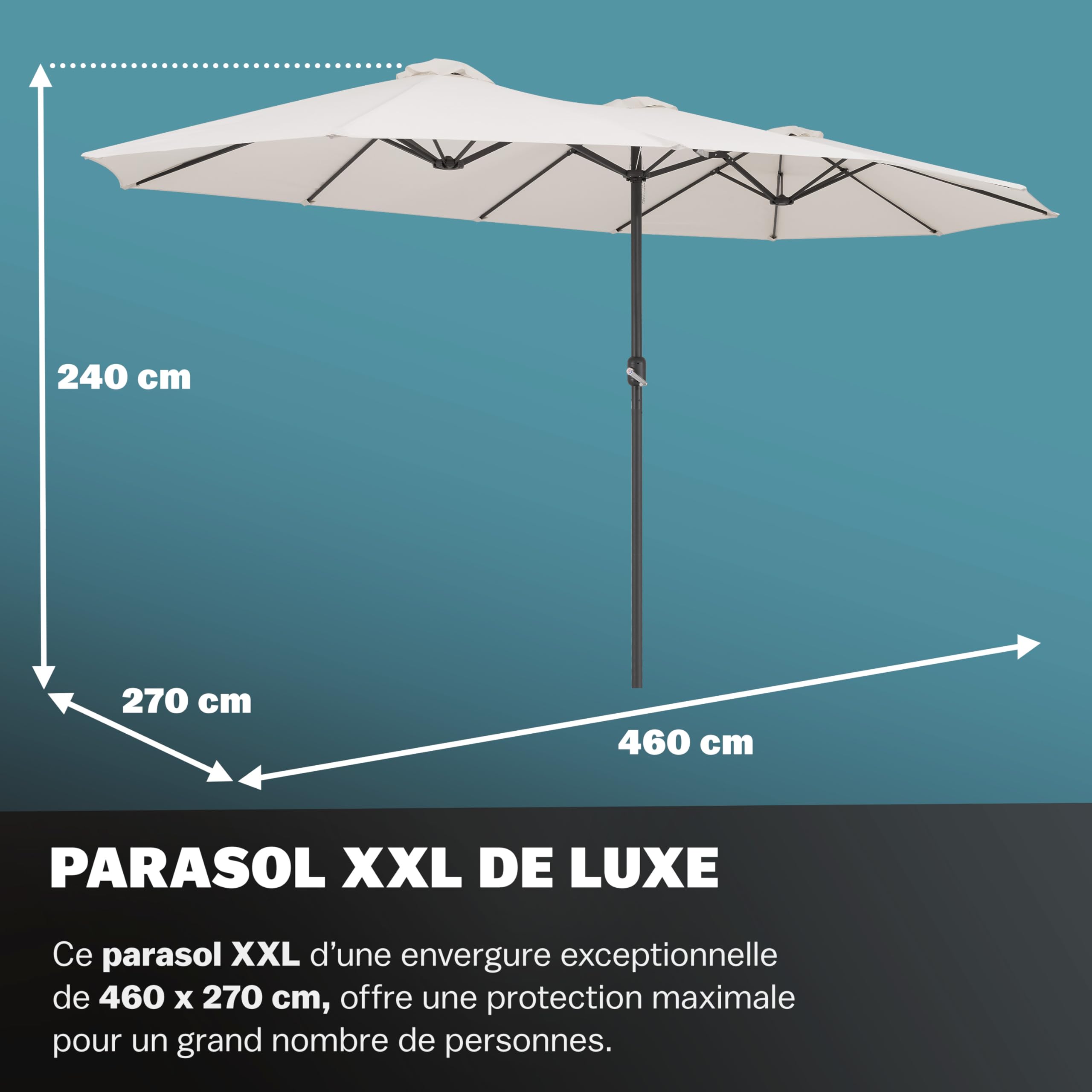 Kingsleeve® Parasol de Jardin Double XXL Protection Solaire crème 460x270cm avec manivelle Pare-Soleil avec Protection UV40+