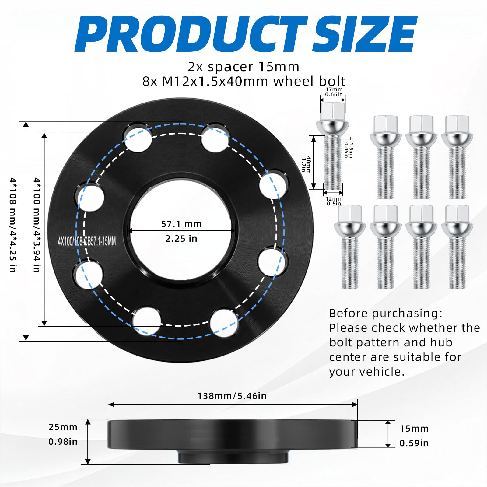 Distanziali 2 x 15 mm LK 4 x 100/108,57,1 mm, per VW Golf Polo