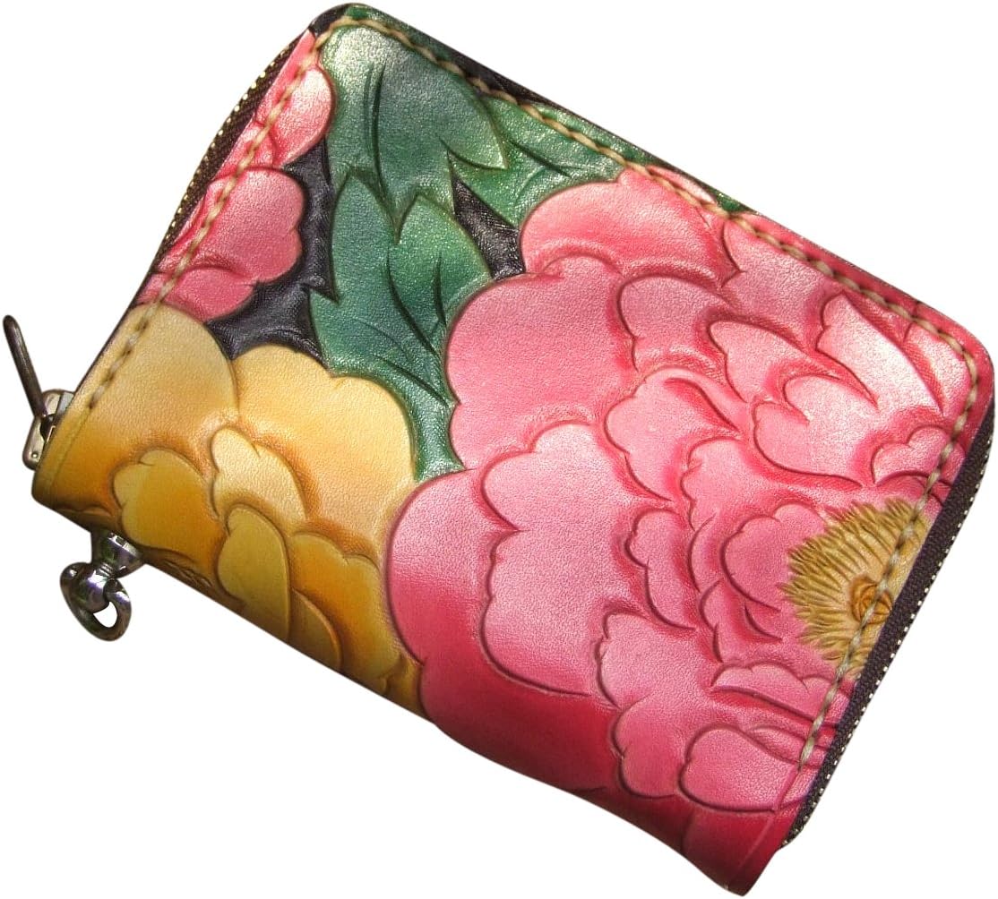 GPUFashion Handmade Leather Craft Wallet Zipper Closure Black Carved with Red Pink Peony