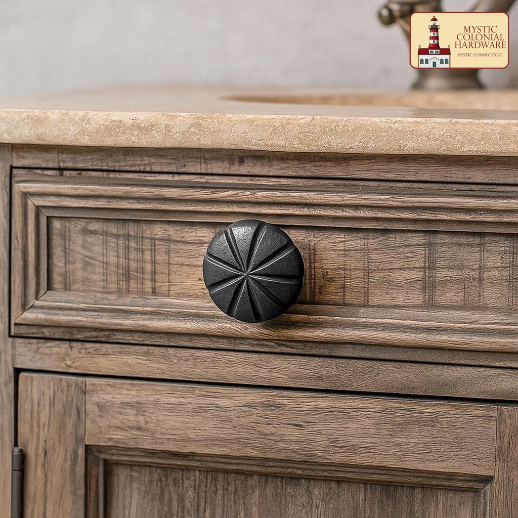 Mystic Colonial Medieval Cast Iron Cabinet Knobs – Set of 4 Rustic Black Drawer Pulls | 4 cm Vintage Furniture Handles for Cabinets, Dressers, Closets & Tables | Antique Medieval Design
