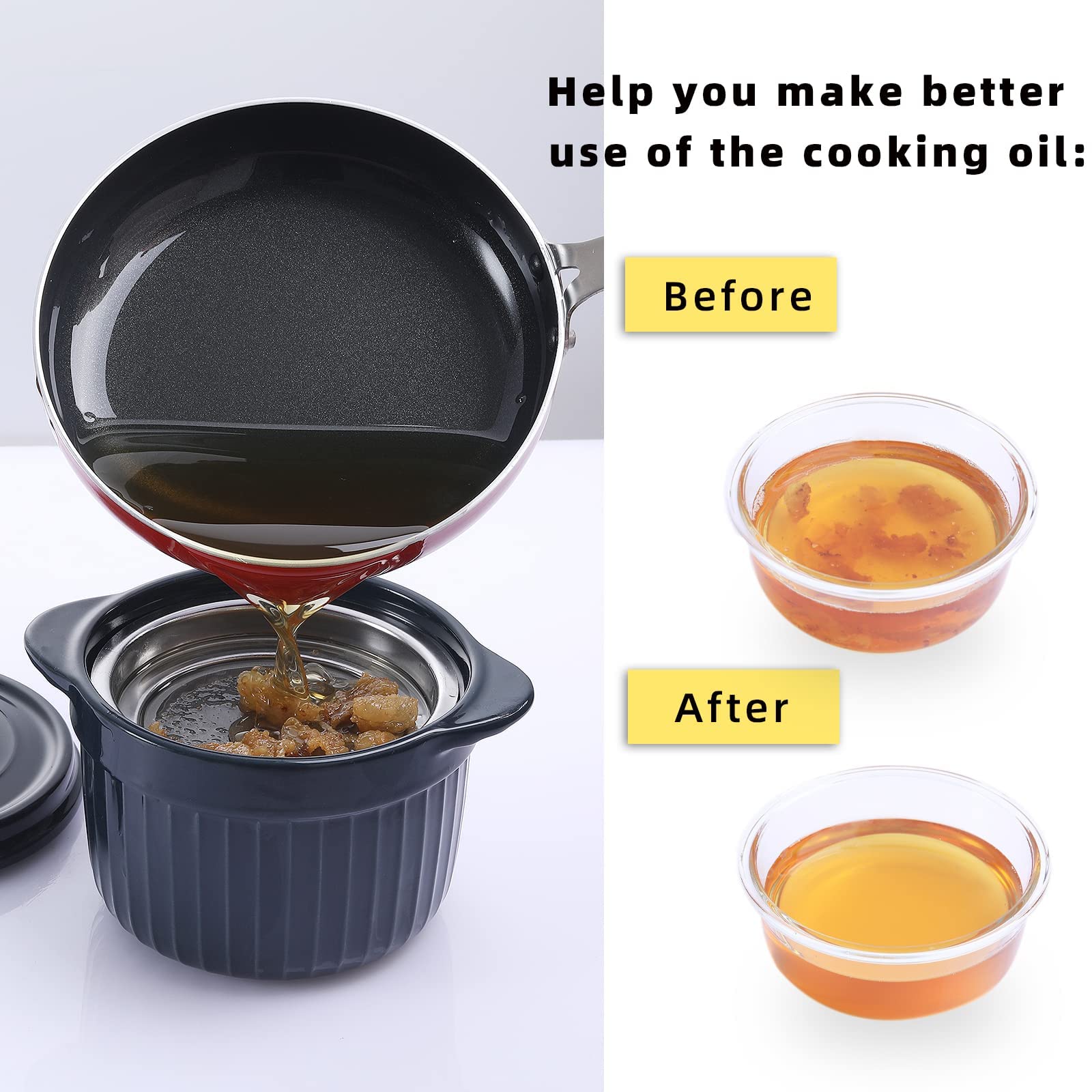 Contenedor de cerámica para grasa de tocino con colador, lata de almacenamiento de aceite para freír, azul marino