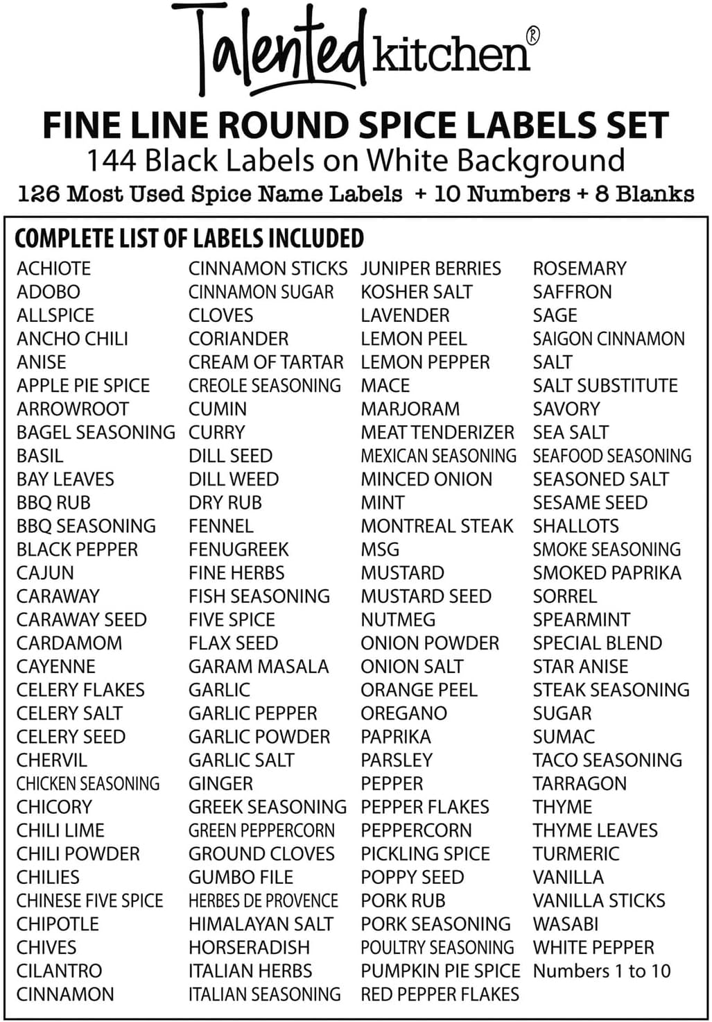 Talented Kitchen 144 Spice Labels Stickers, White Spice Jar Labels Preprinted for Spice Jar Lids, Seasoning Herbs Spice Rack Organization, Water Resistant, Black Minimalist (Round 1.5 in)