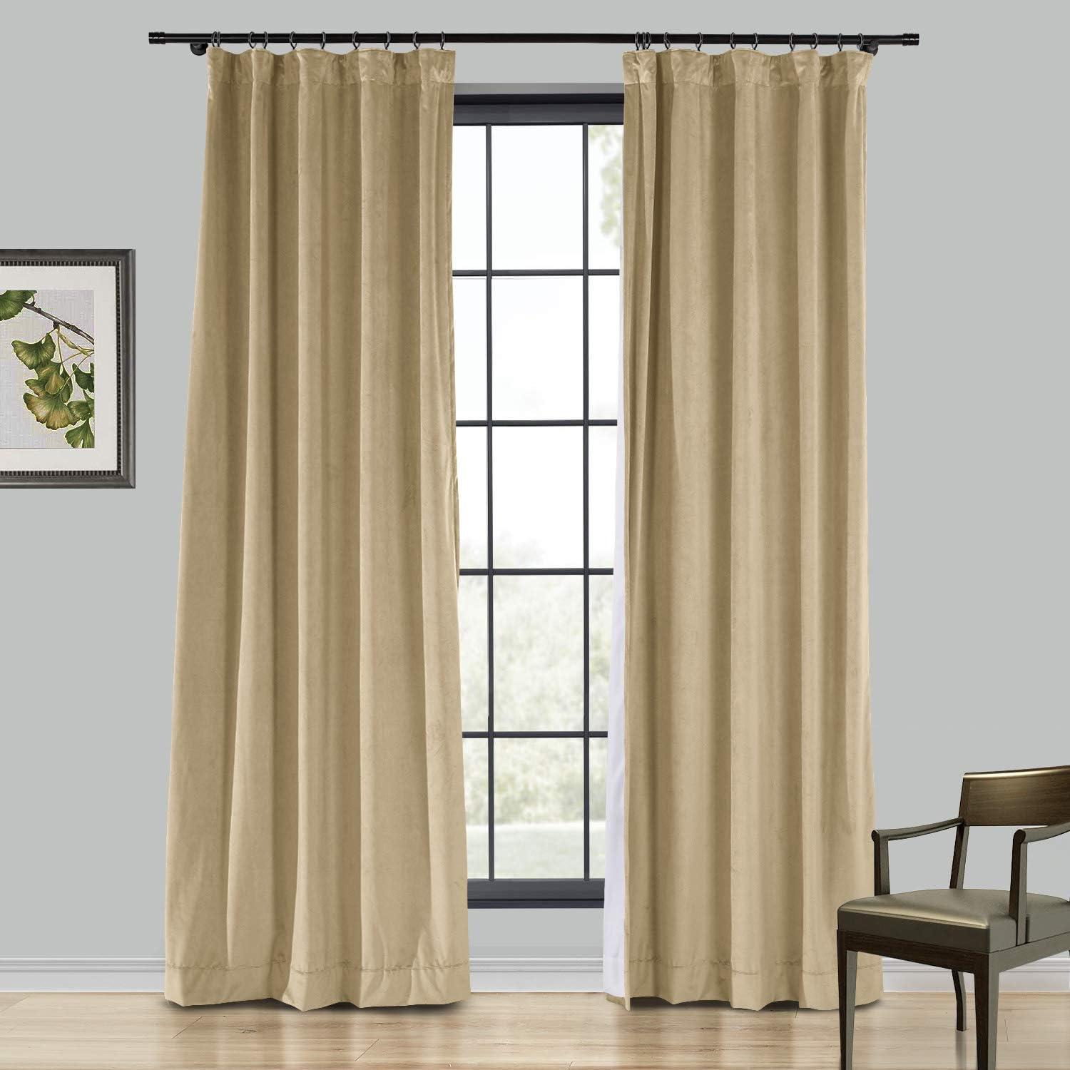 TWOPAGES Velvet Curtain, 102 Inches Long Solid Room Darkening Rod Pocket Single Curtain Panel, Khaki (1 Panel 100Wx102L)
