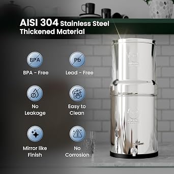 PHOENIX GRAVITY 12 Litre Paslanmaz Çelik Yerçekimli Su Filtresi | NSF Sertifikalı AISI 304 | 2 Akıllı Karbon Kartuşu ve 2 Florür Giderici Son İşlem Kartuşu Dahil | Elektrik veya Tesisat Gerektirmez